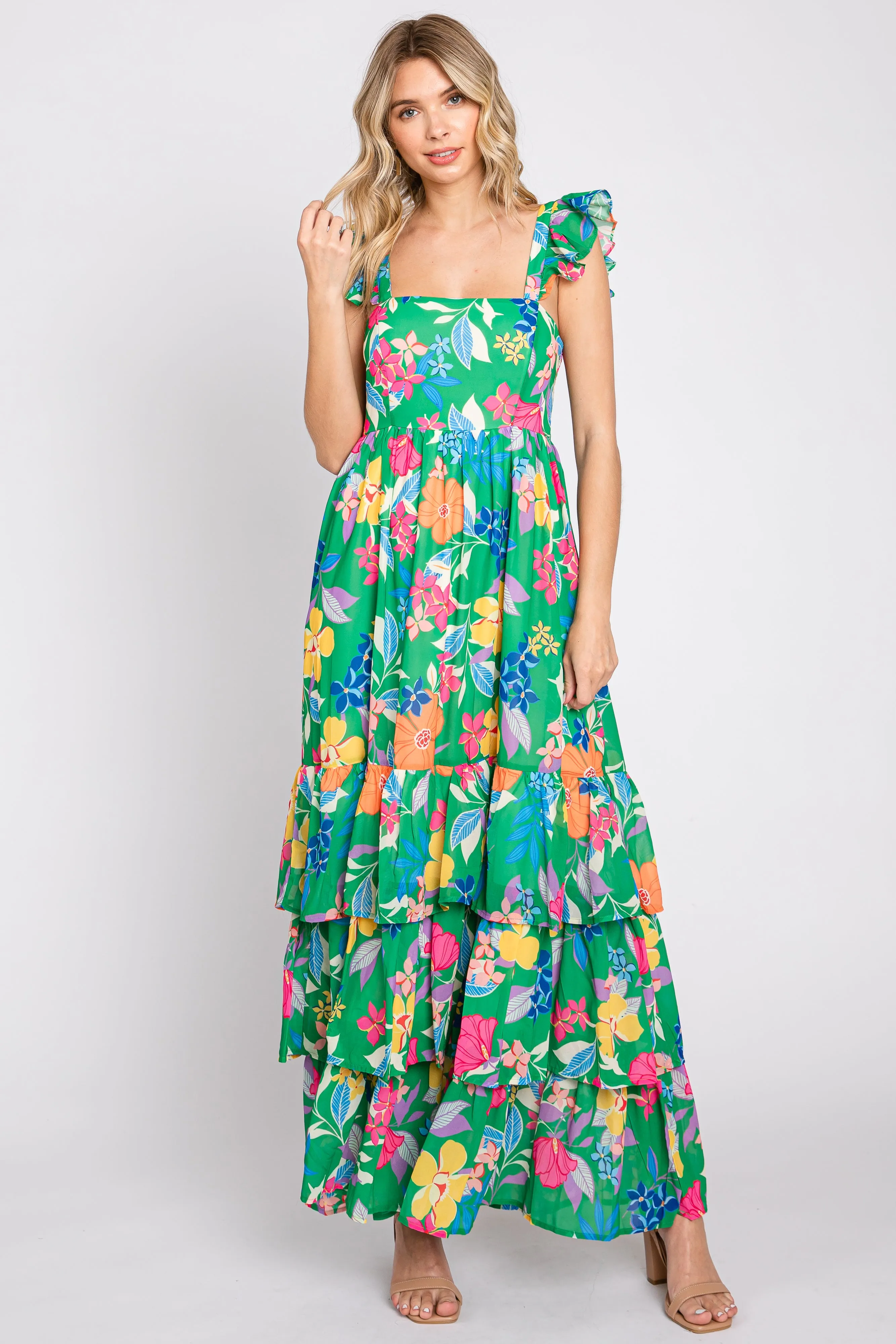 Green Floral Chiffon Square Neck Ruffle Maxi Dress sold by Pinkblush