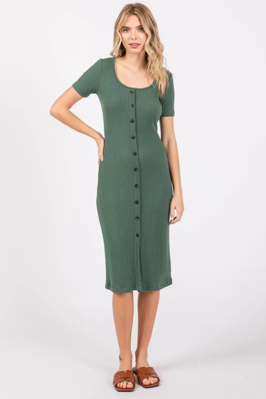 Light Olive Ribbed Front Button Accent Short Sleeve Midi Dress sold by Pinkblush