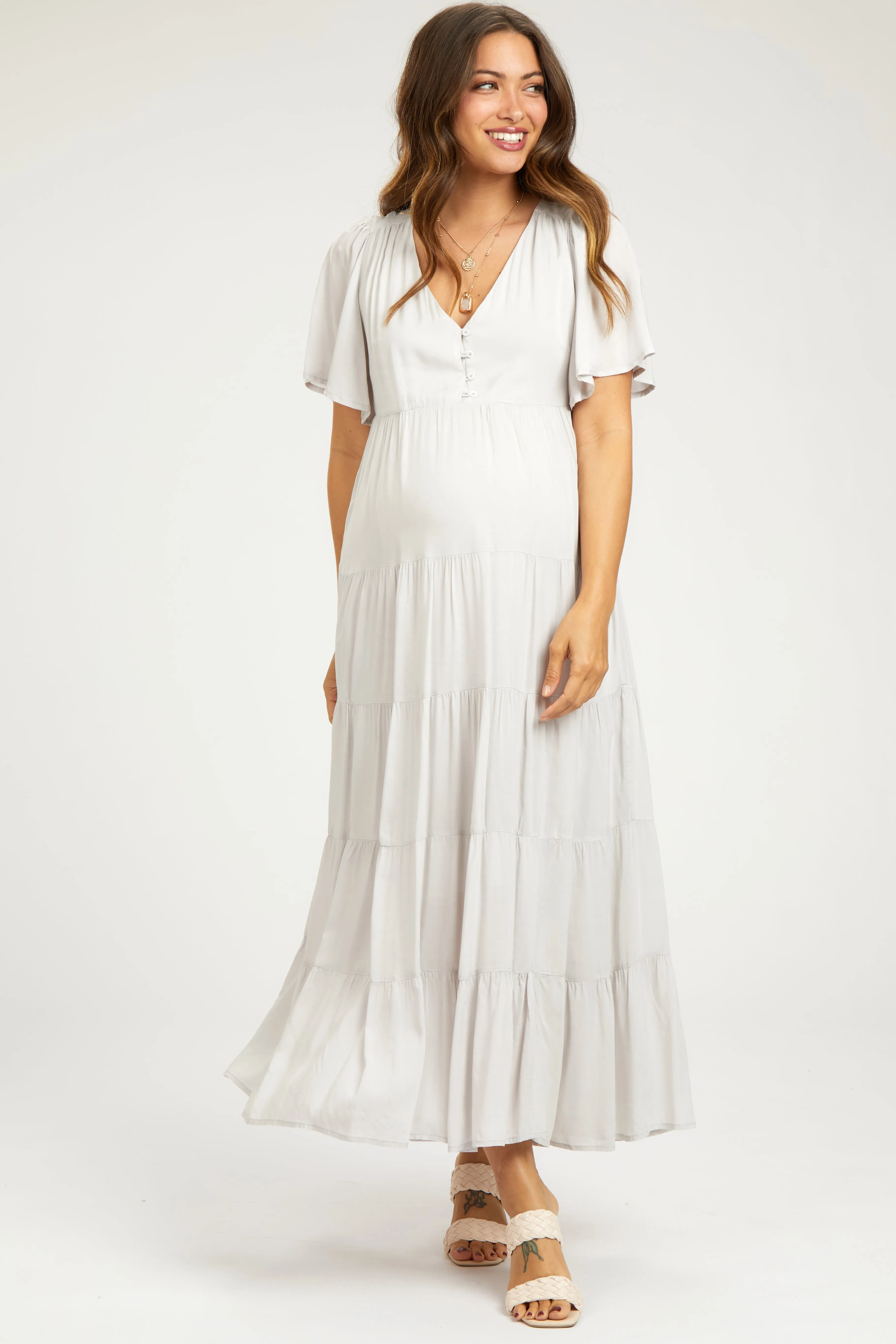 Grey Button Detail Tiered Maternity Maxi Dress sold by Pinkblush