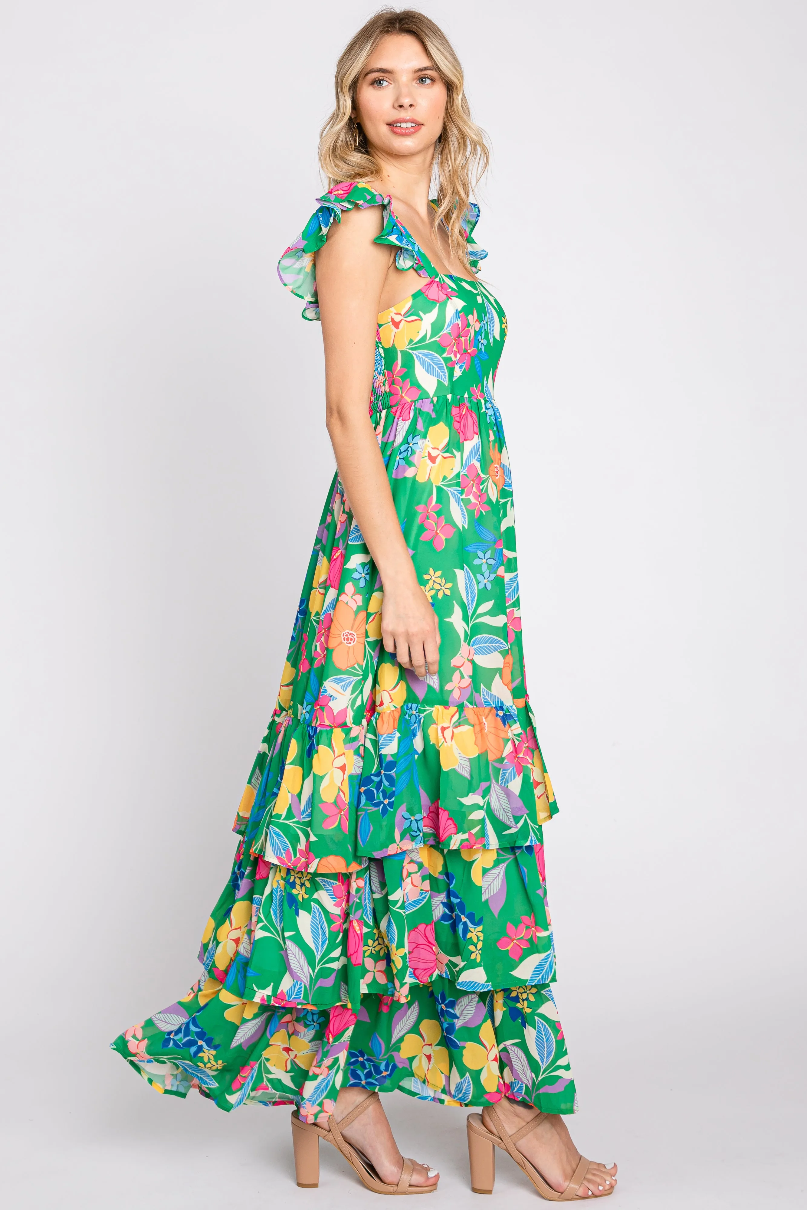 Green Floral Chiffon Square Neck Ruffle Maxi Dress sold by Pinkblush product image thumbnail 2