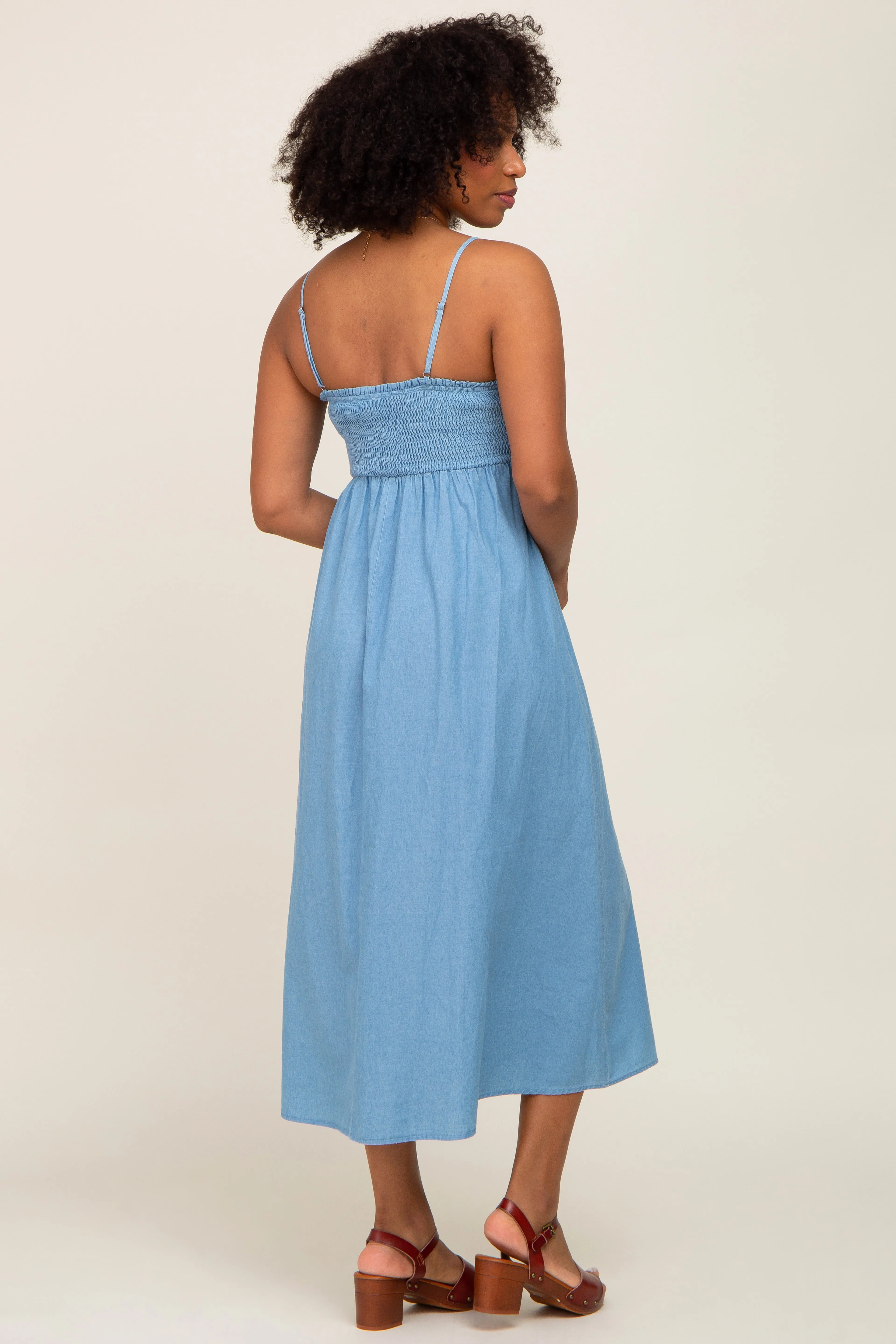 Blue Chambray Cinched Smocked Midi Dress sold by Pinkblush product image thumbnail 3
