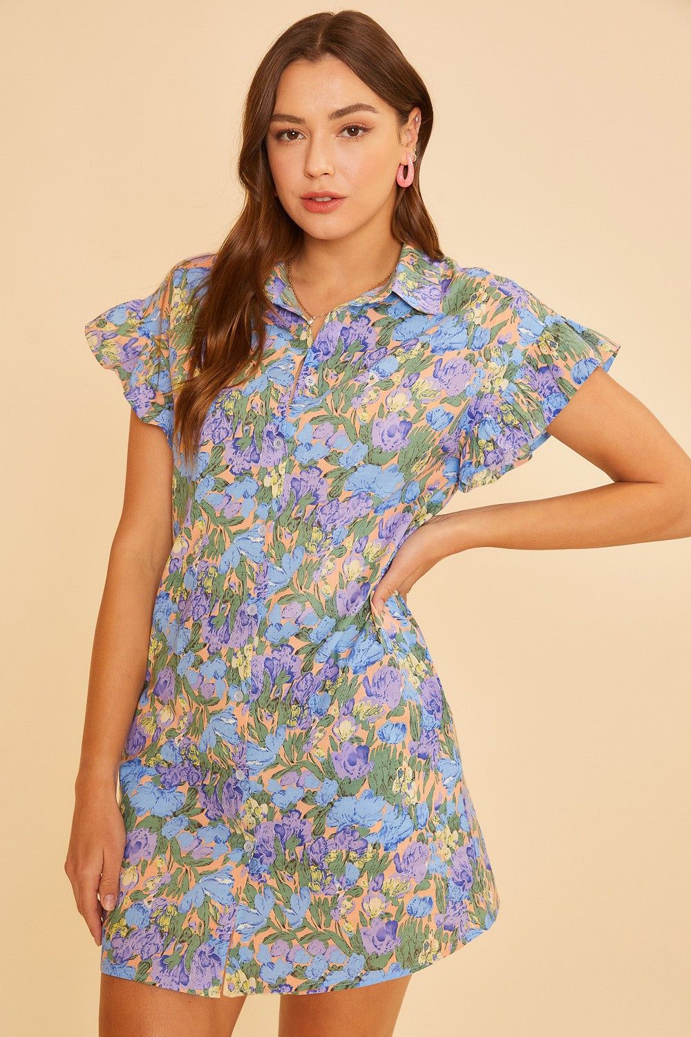 Blue Multi Floral Printed Frill Sleeve Shirt Mini Dress sold by Pinkblush