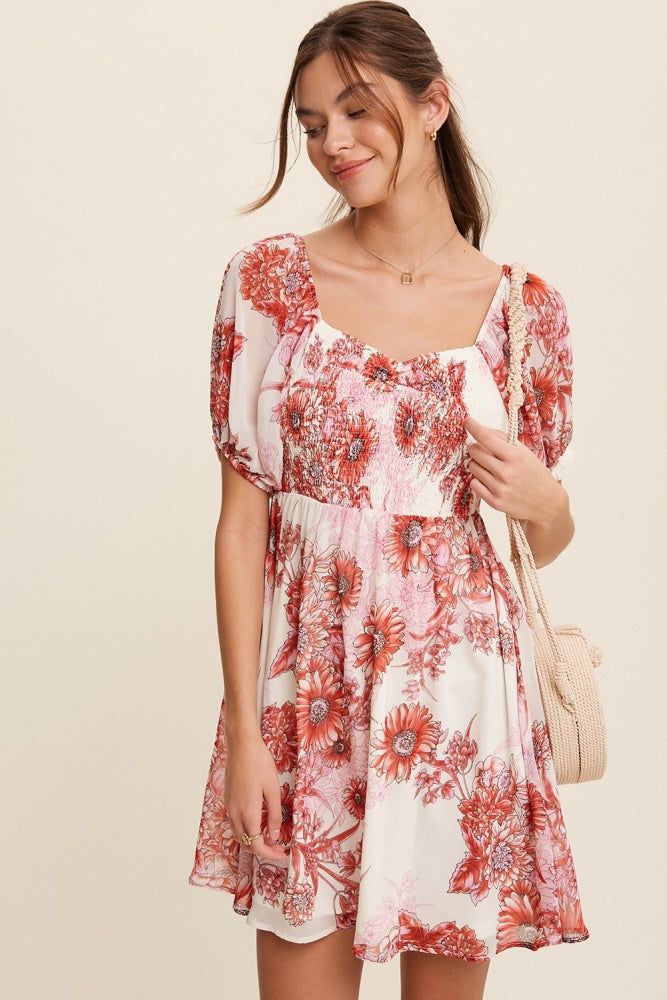 Red Flower Print Smocked Bodice Chiffon Mini Dress sold by Pinkblush