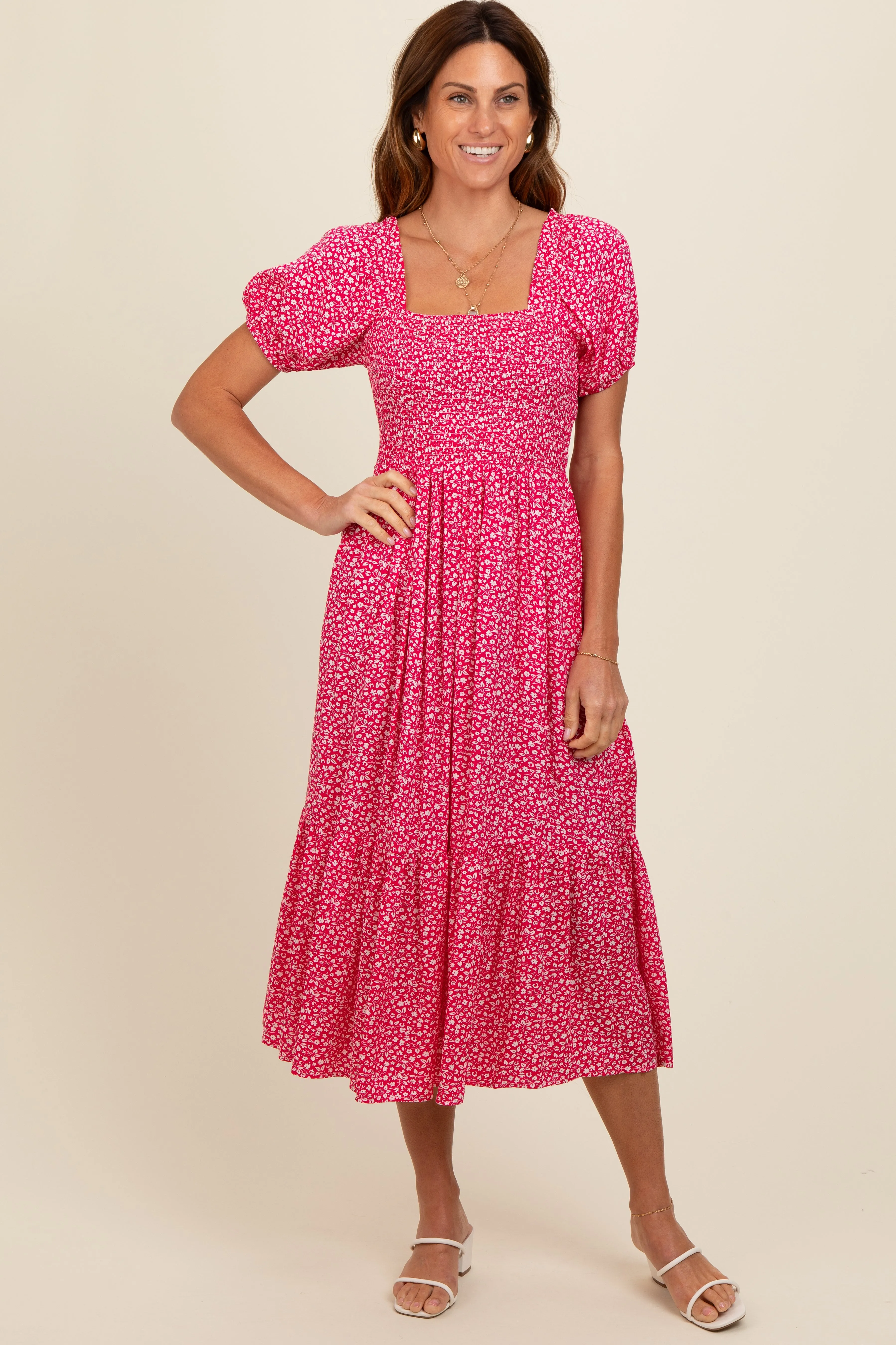 Coral Floral Smocked Ruffle Hem Midi Dress sold by Pinkblush