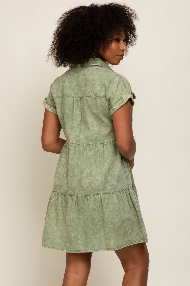 Olive Faded Denim Front Pocket Dress sold by Pinkblush product image thumbnail 3