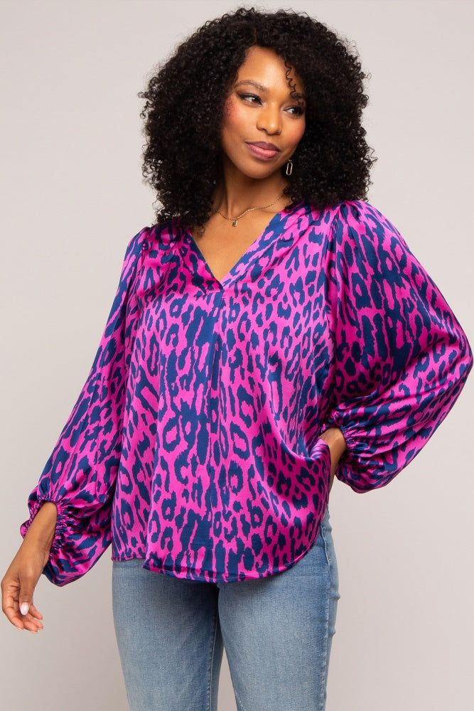Magenta Animal Print Balloon Sleeve Top sold by Pinkblush