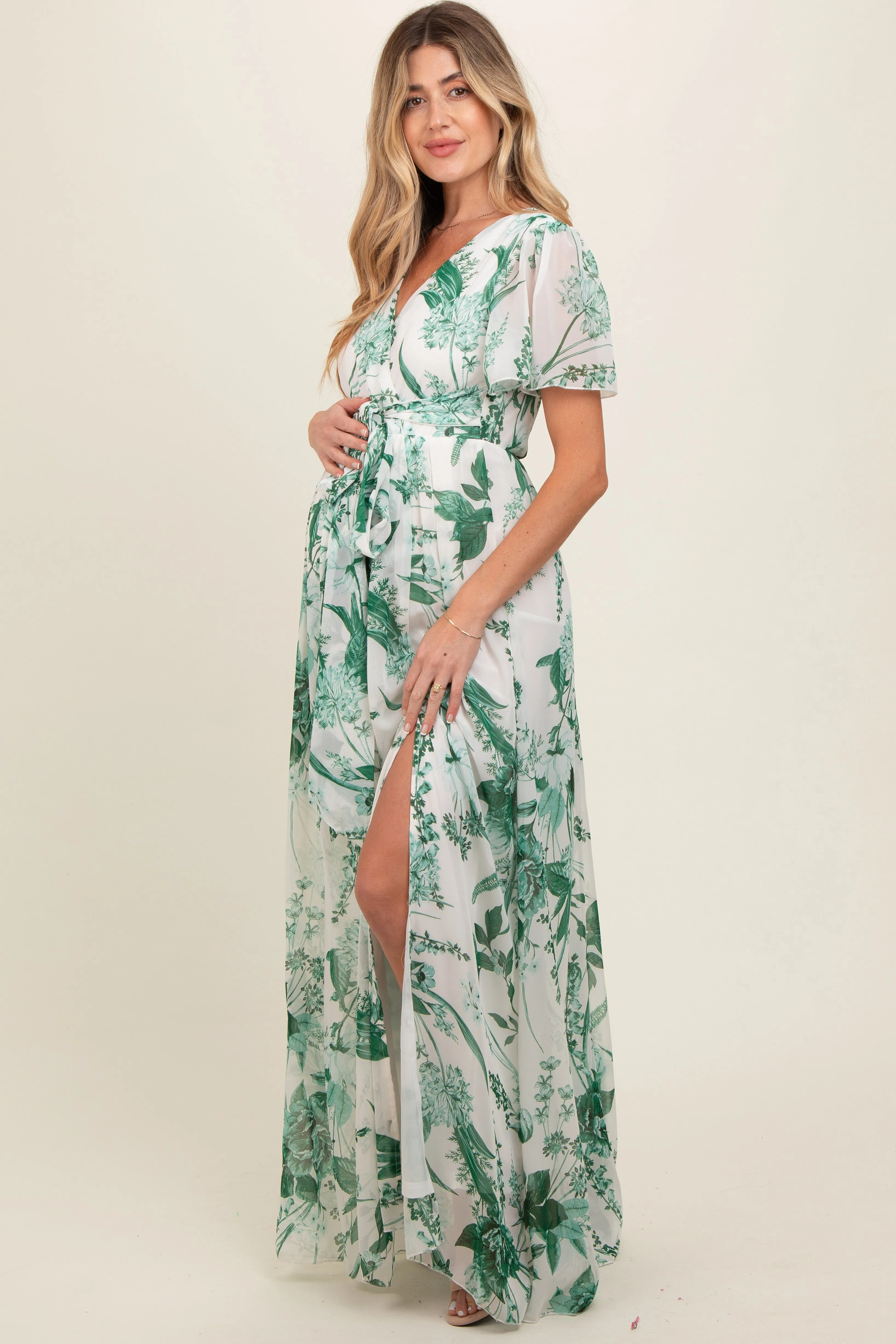 Forest Green Floral Side Slit Maternity Wrap Maxi Dress sold by Pinkblush product image thumbnail 3