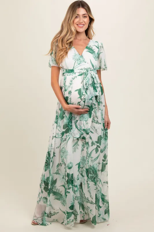 Forest Green Floral Side Slit Maternity Wrap Maxi Dress sold by Pinkblush