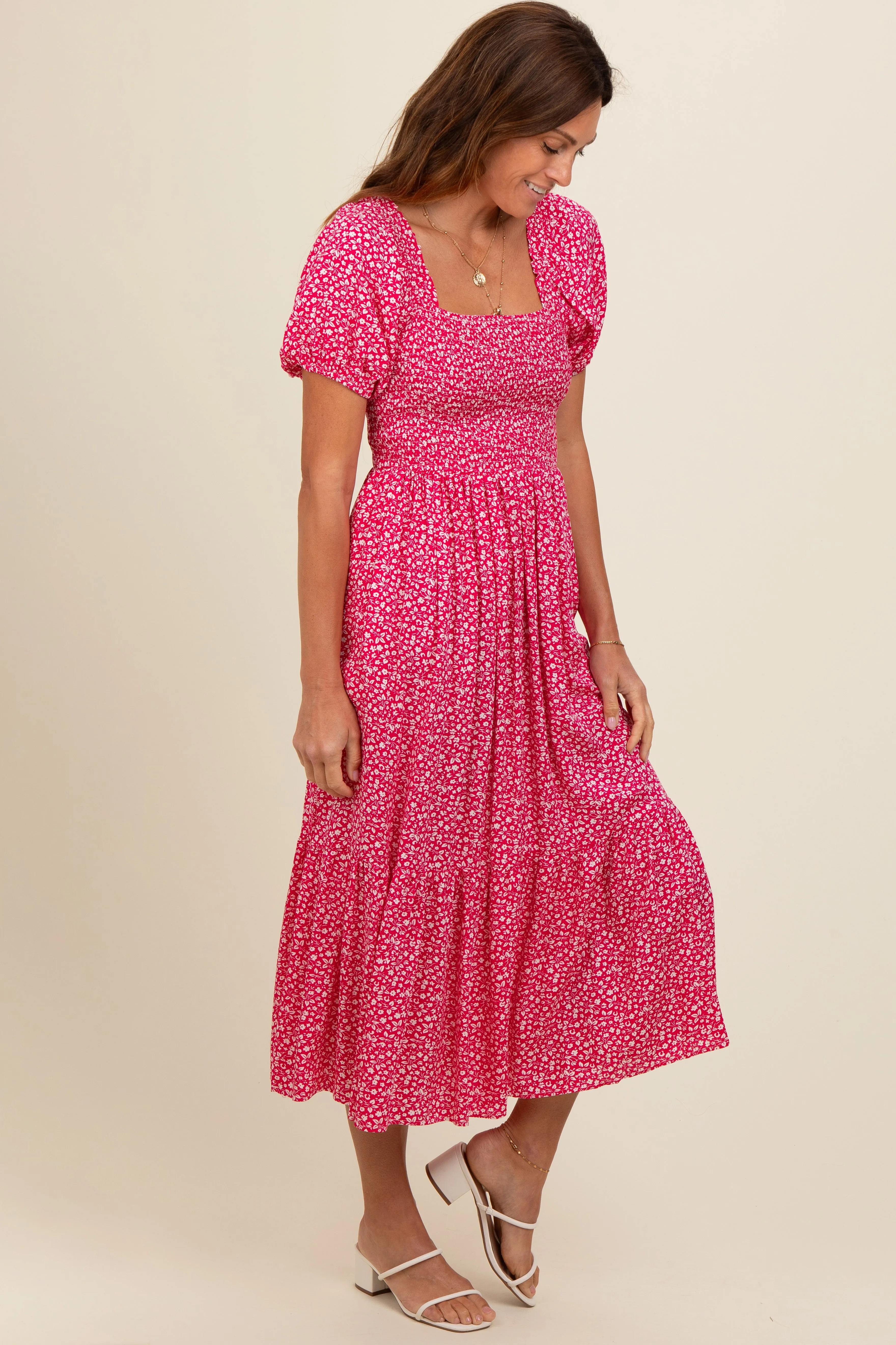 Coral Floral Smocked Ruffle Hem Midi Dress sold by Pinkblush product image thumbnail 2