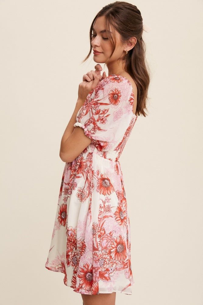 Red Flower Print Smocked Bodice Chiffon Mini Dress sold by Pinkblush product image thumbnail 3