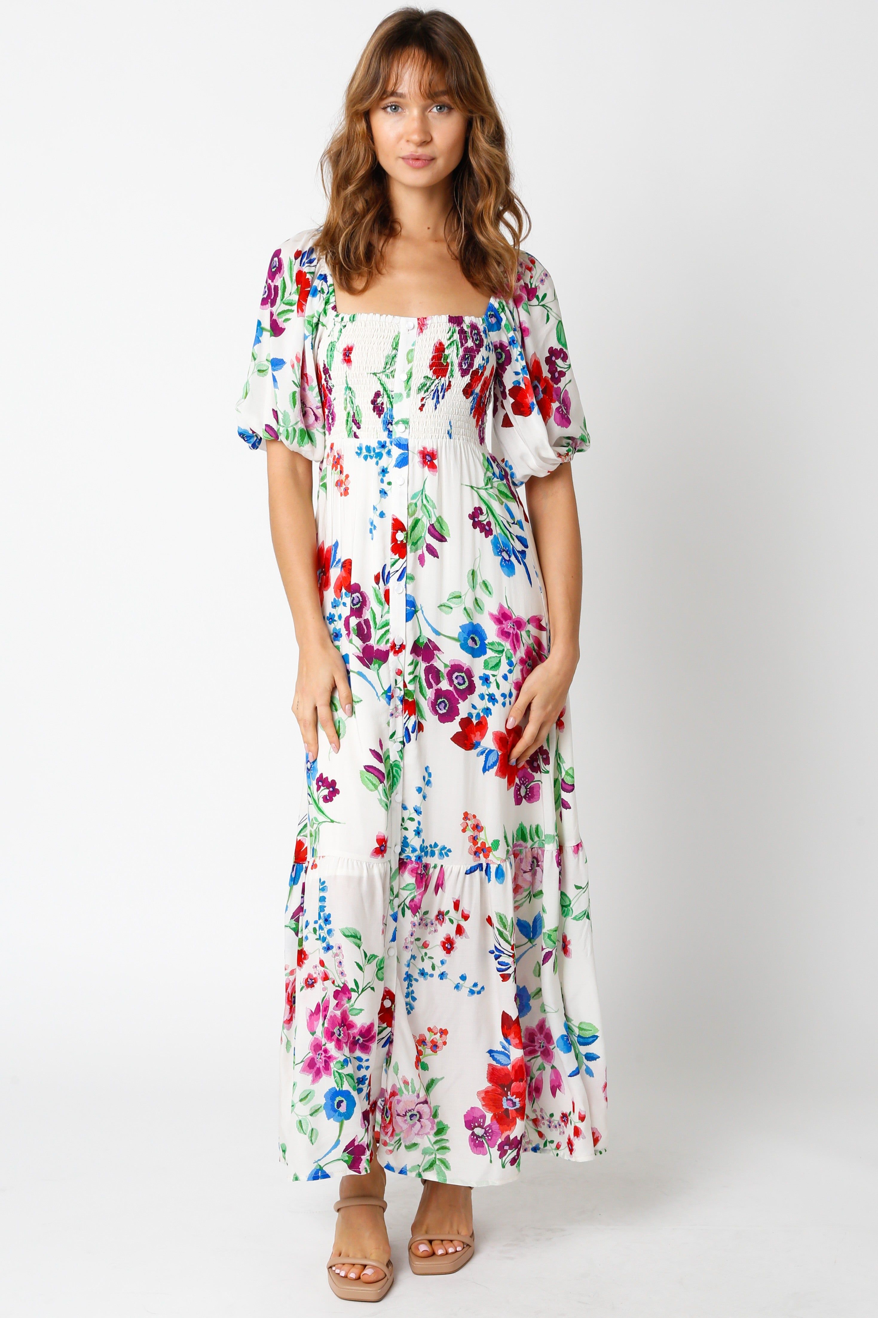 Ivory Floral Front Button Accent Maxi Dress sold by Pinkblush