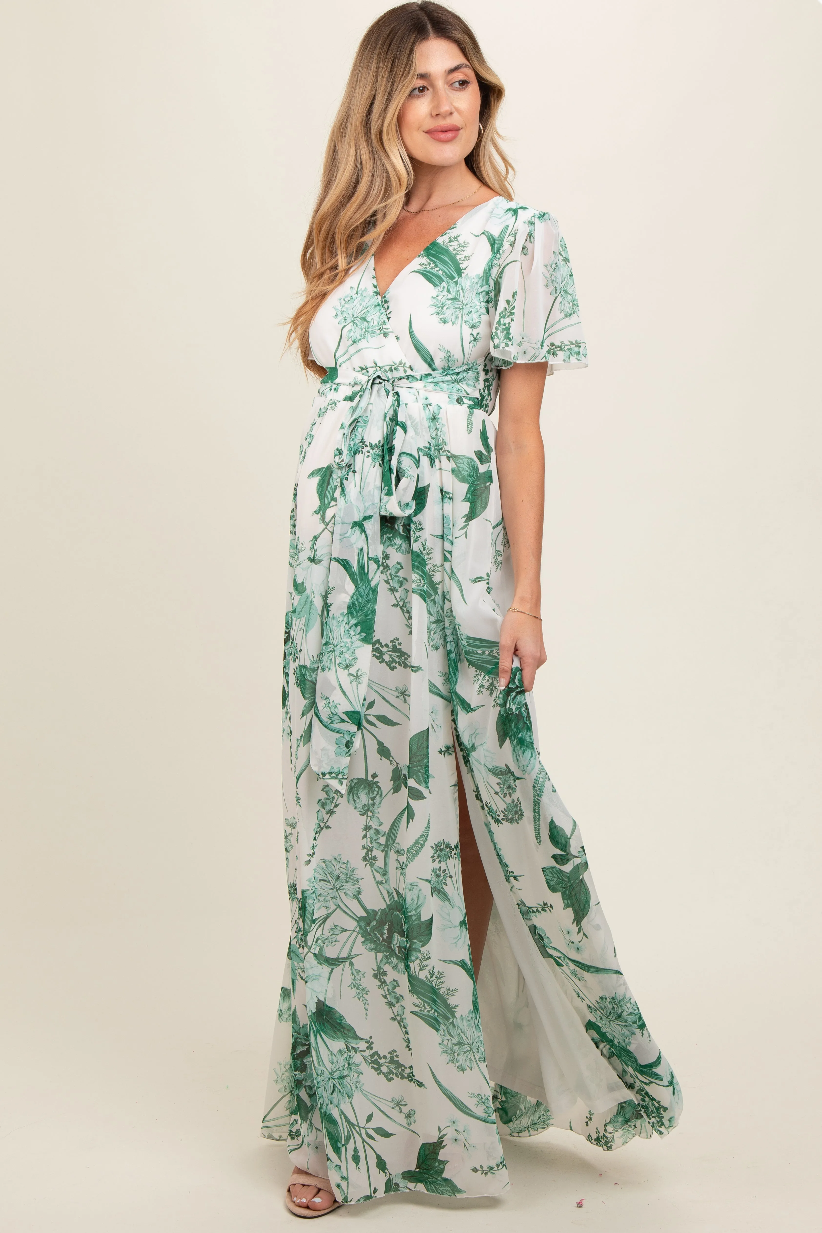 Forest Green Floral Side Slit Maternity Wrap Maxi Dress sold by Pinkblush product image thumbnail 2