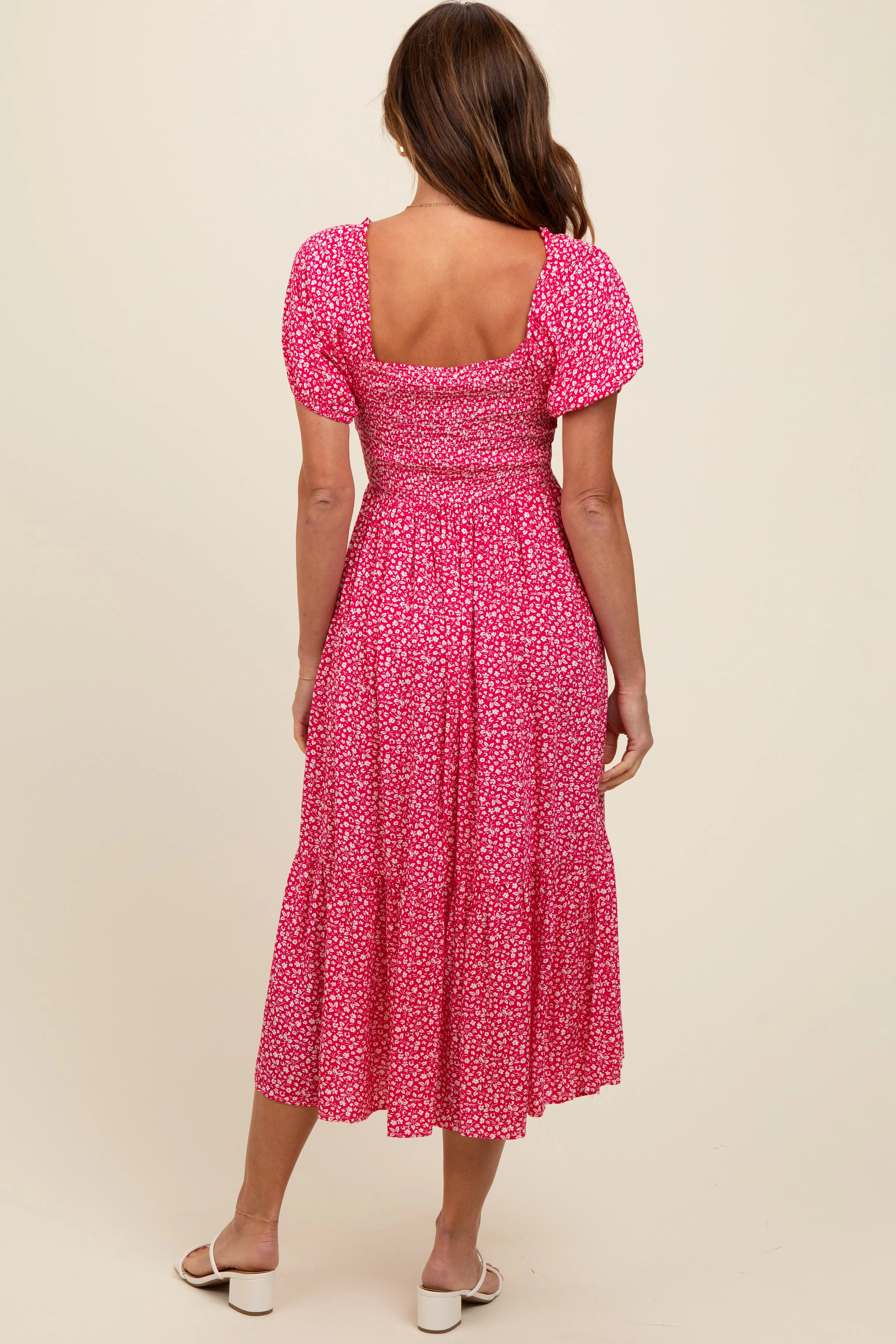 Coral Floral Smocked Ruffle Hem Midi Dress sold by Pinkblush product image thumbnail 3