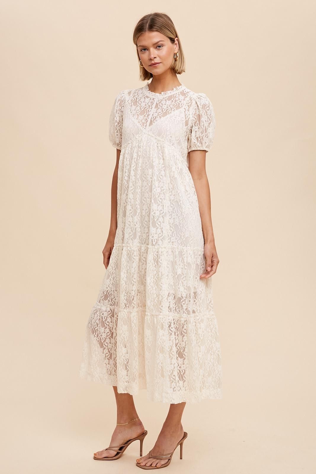 Cream Lace Tiered Midi Dress sold by Pinkblush product image thumbnail 2