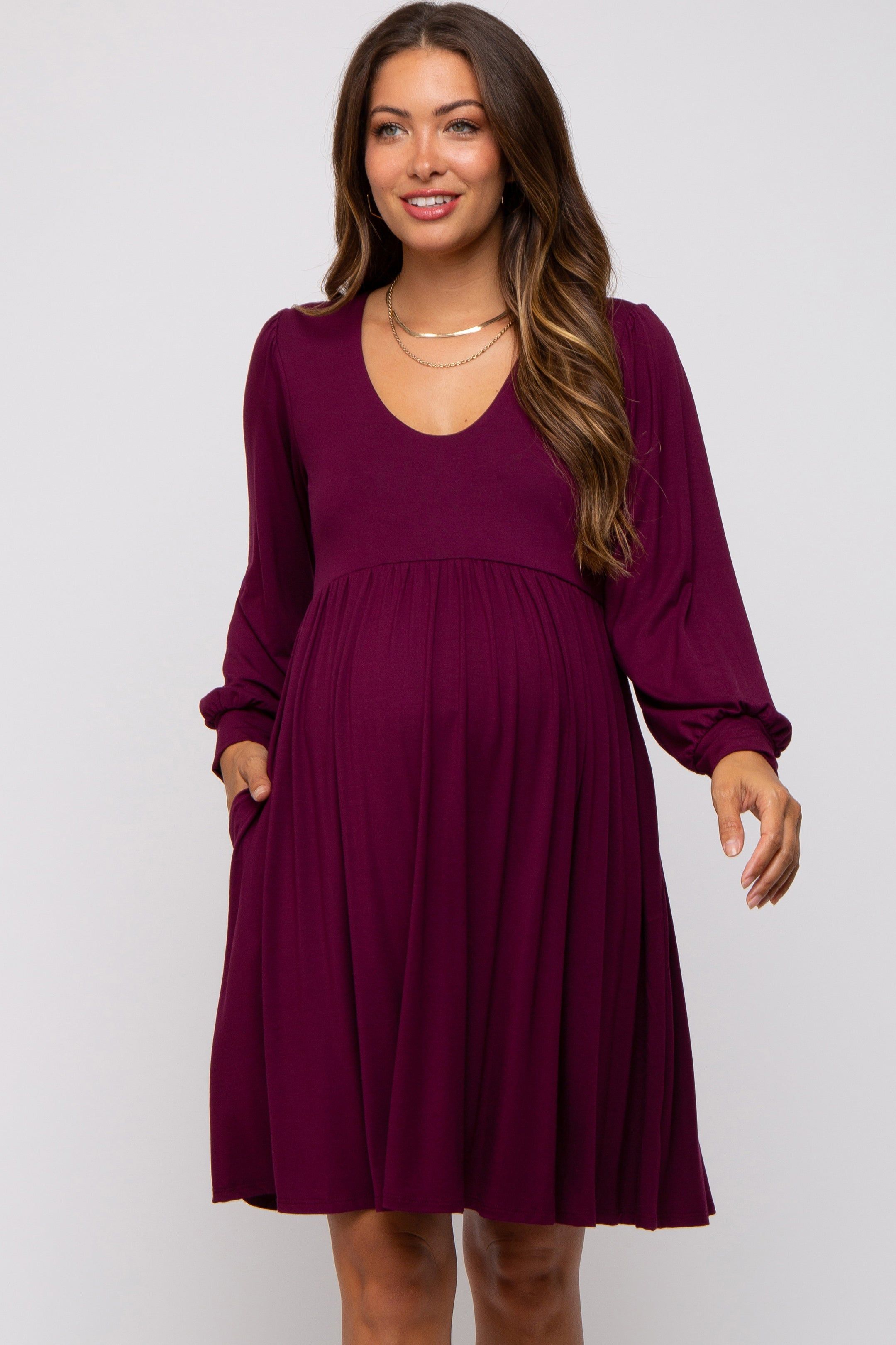 Burgundy Long Puff Sleeve Maternity Dress sold by Pinkblush product image thumbnail 2