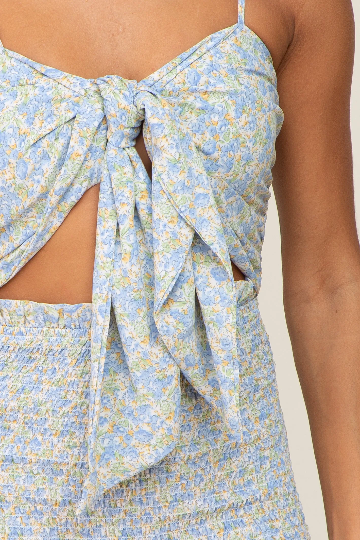 Blue Floral Knot Front Smocked Midi Dress sold by Pinkblush product image thumbnail 4