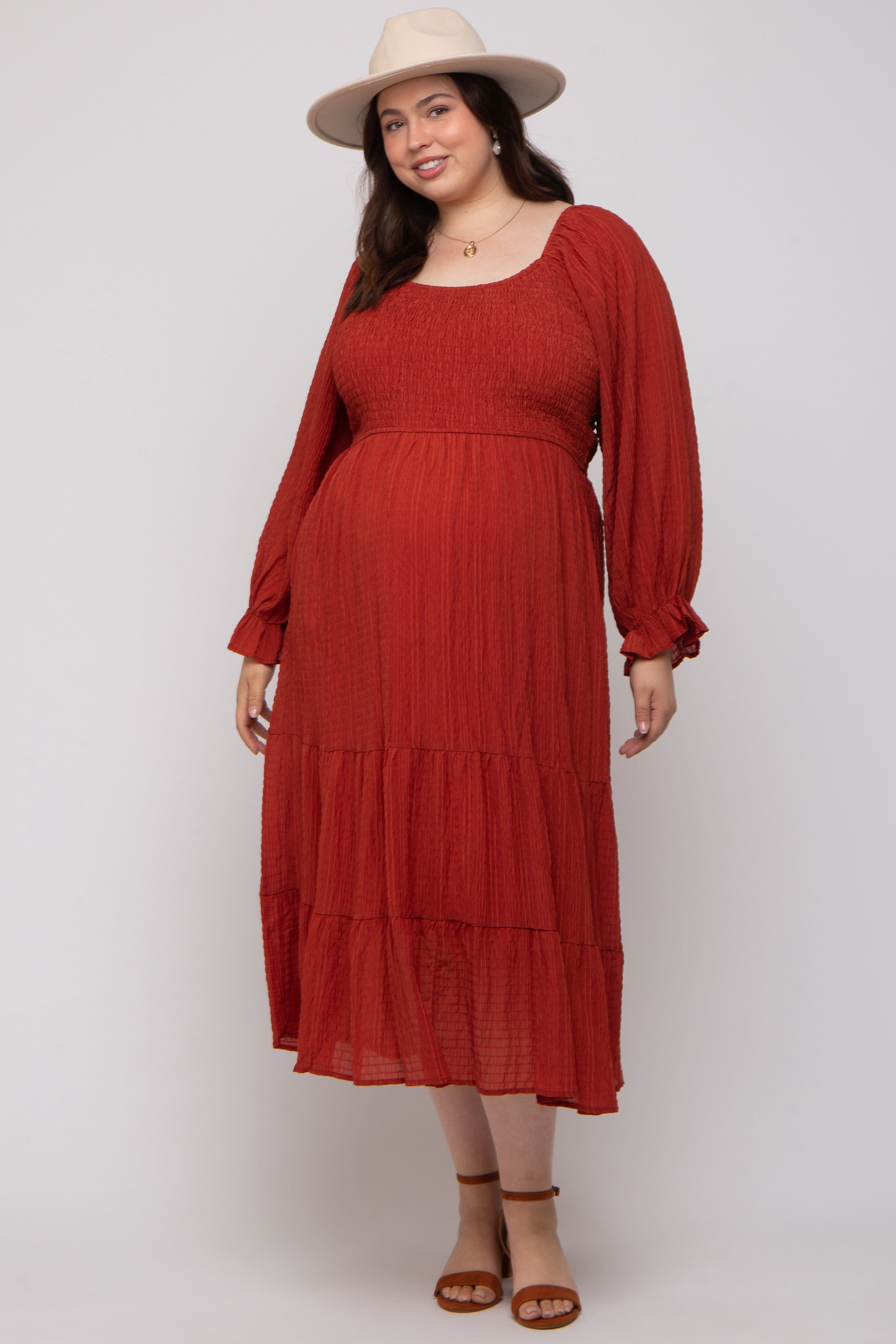 Rust Textured Stripe Smocked Square Neck Maternity Plus Midi Dress sold by Pinkblush product image thumbnail 4