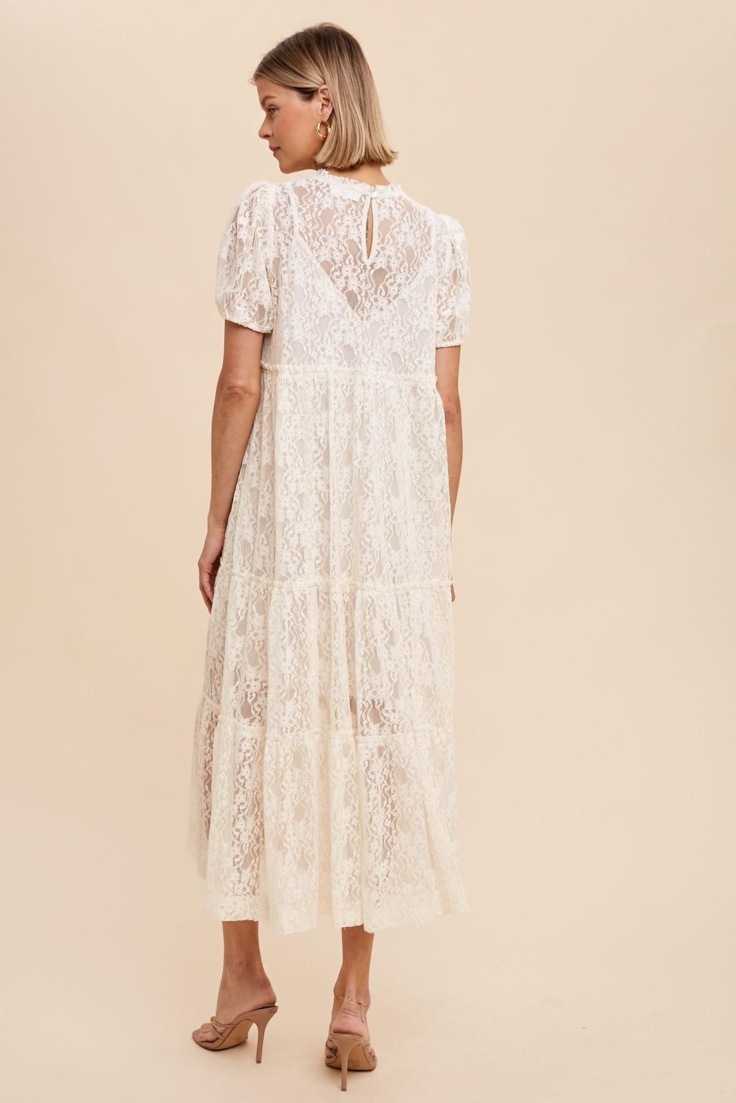 Cream Lace Tiered Midi Dress sold by Pinkblush product image thumbnail 3