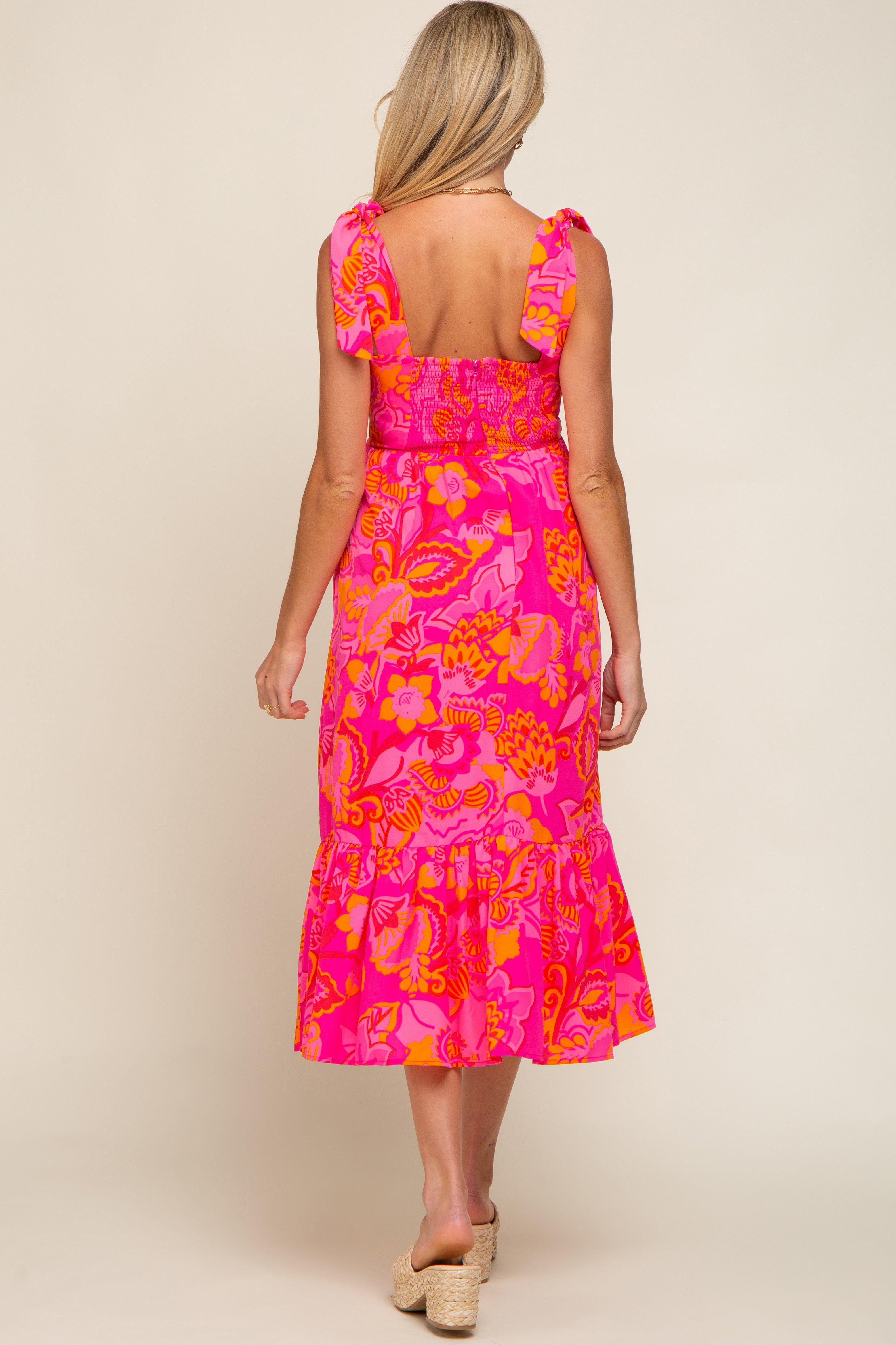 Orange Floral Shoulder Tie Maternity Midi Dress sold by Pinkblush product image thumbnail 3