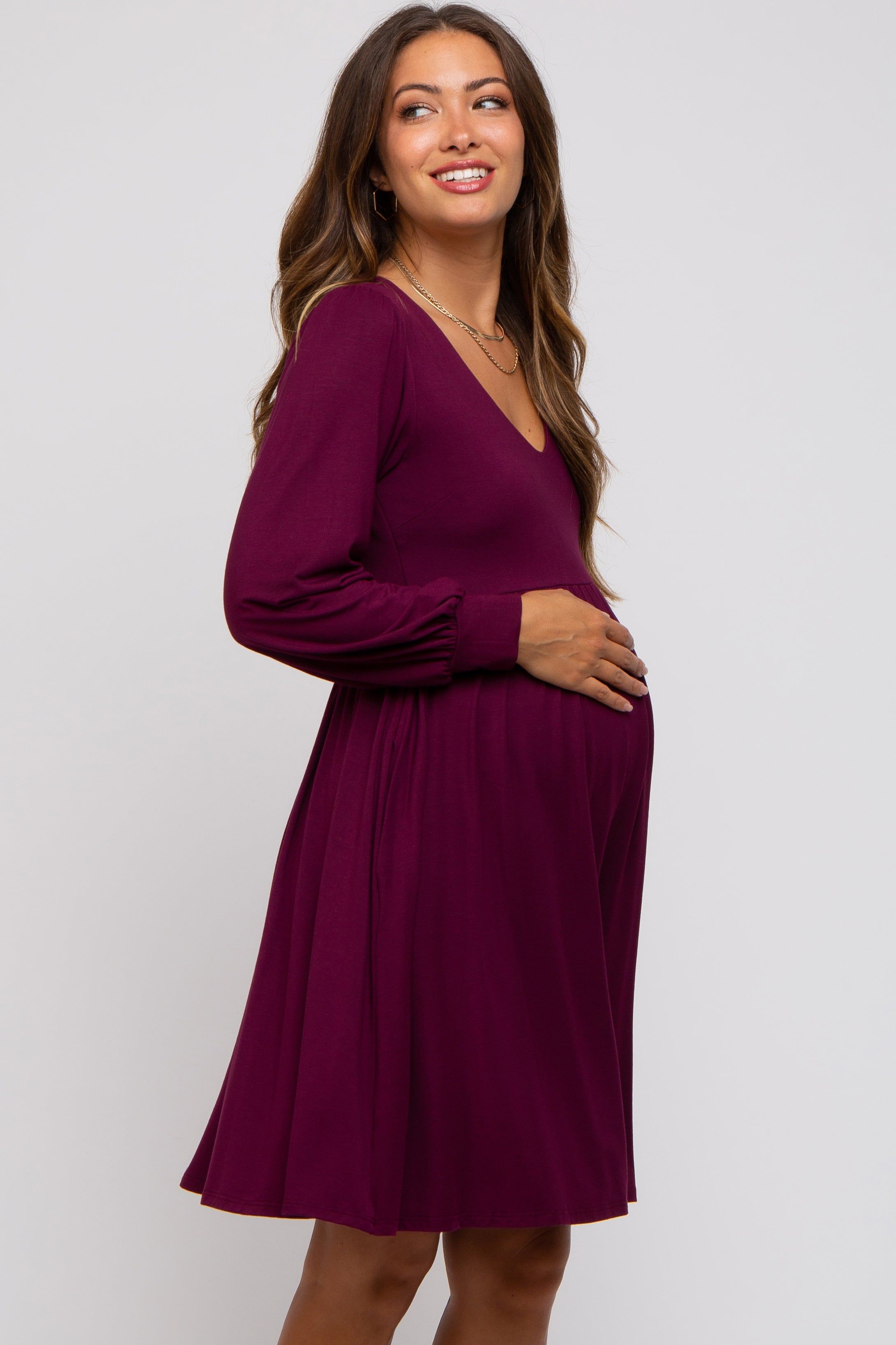 Burgundy Long Puff Sleeve Maternity Dress sold by Pinkblush product image thumbnail 3