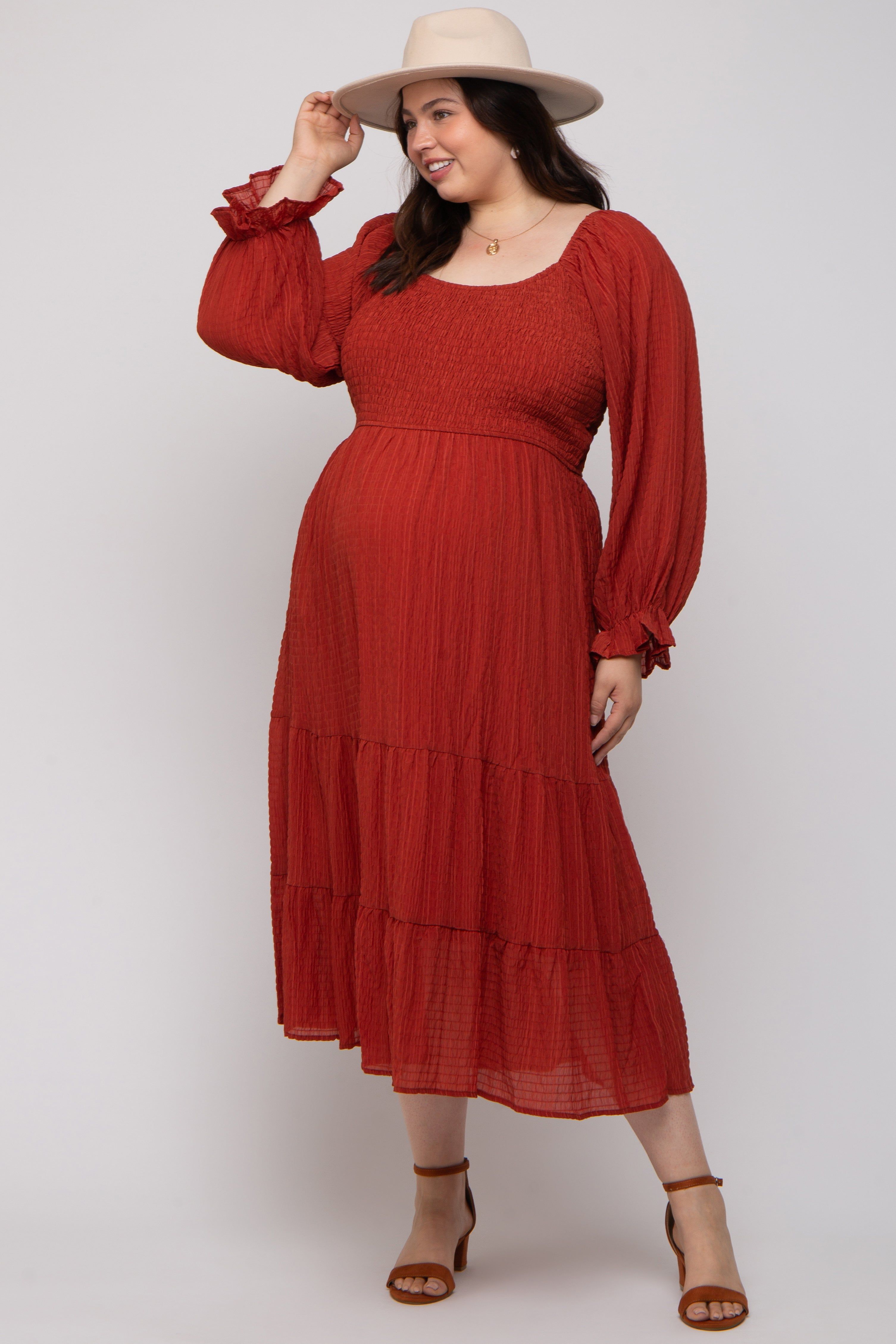 Rust Textured Stripe Smocked Square Neck Maternity Plus Midi Dress sold by Pinkblush product image thumbnail 5