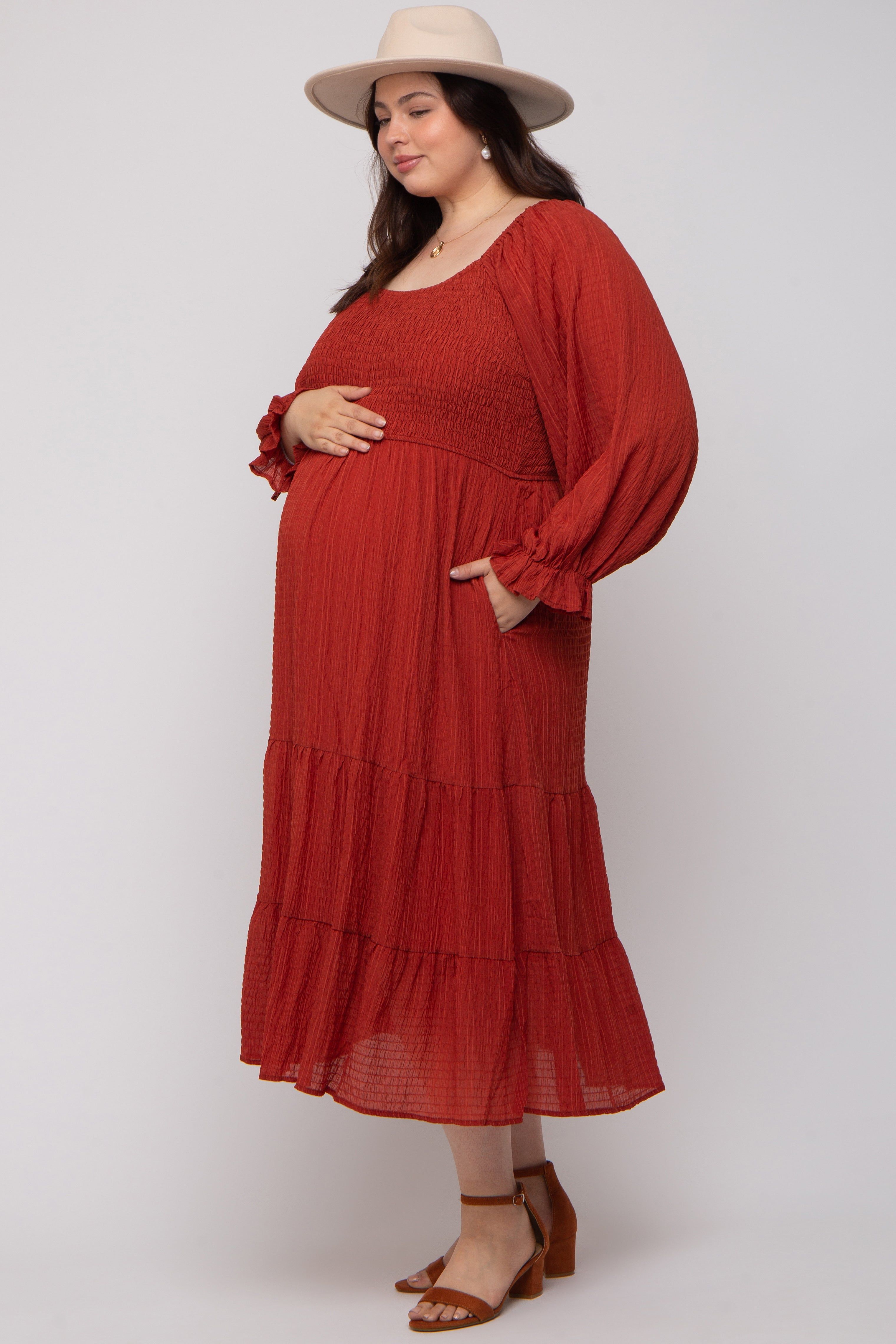 Rust Textured Stripe Smocked Square Neck Maternity Plus Midi Dress sold by Pinkblush product image thumbnail 2