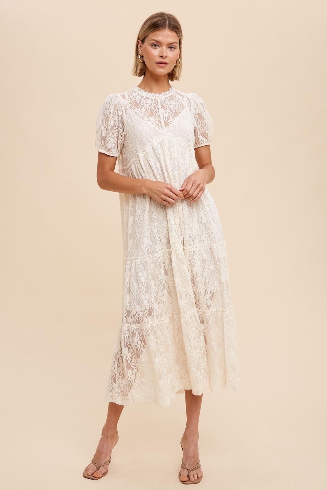 Cream Lace Tiered Midi Dress sold by Pinkblush