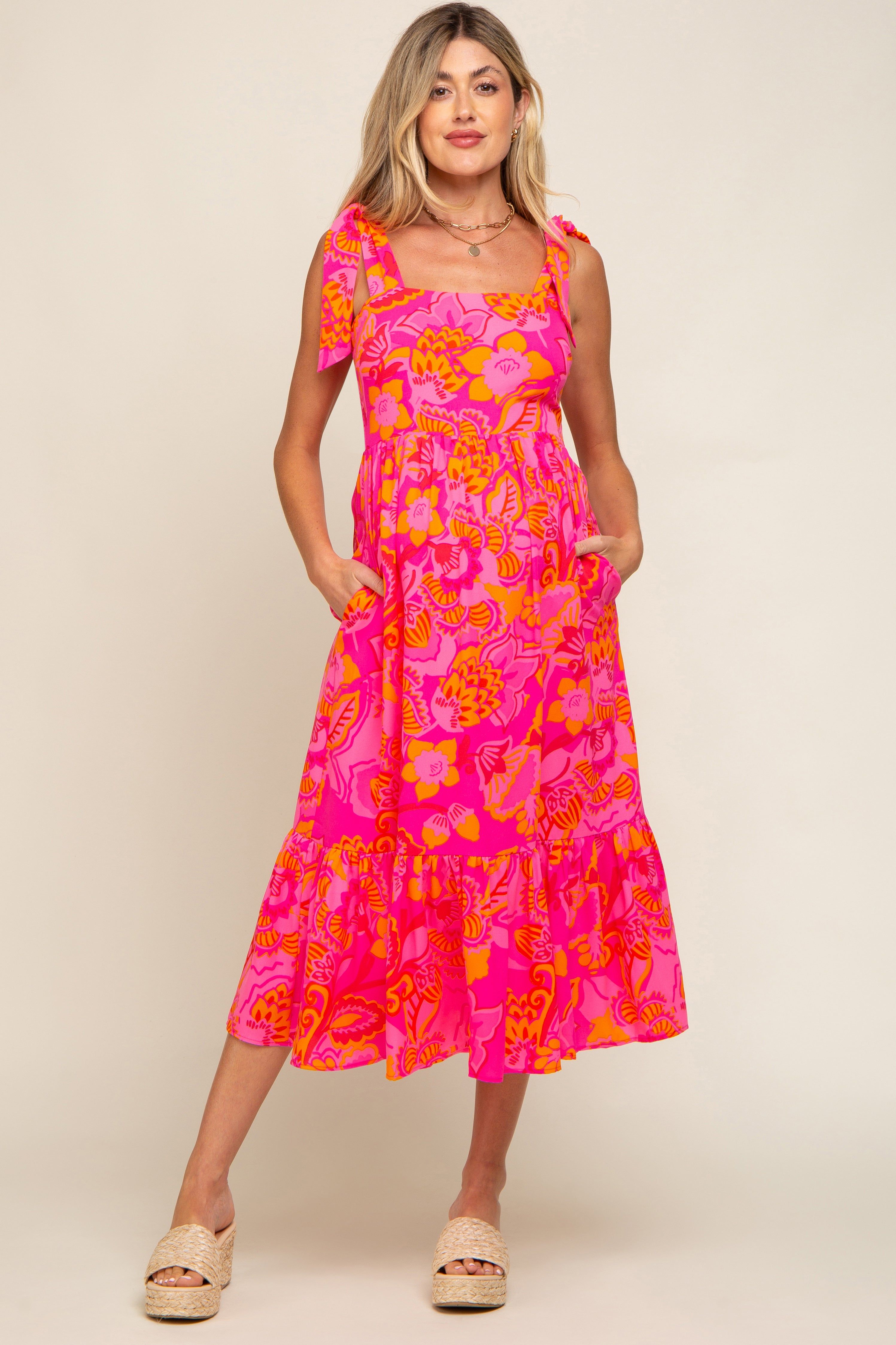 Orange Floral Shoulder Tie Maternity Midi Dress sold by Pinkblush