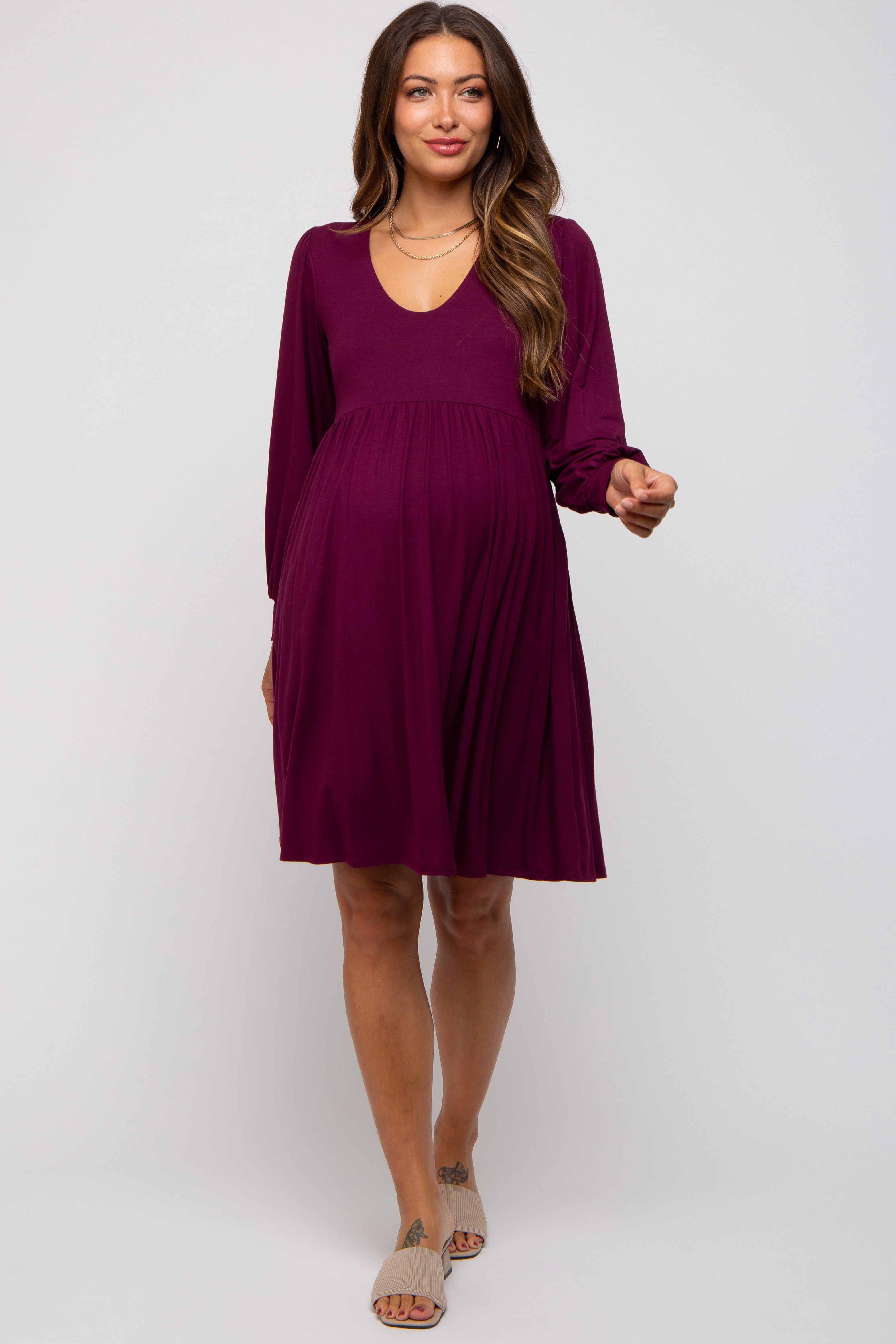 Burgundy Long Puff Sleeve Maternity Dress sold by Pinkblush