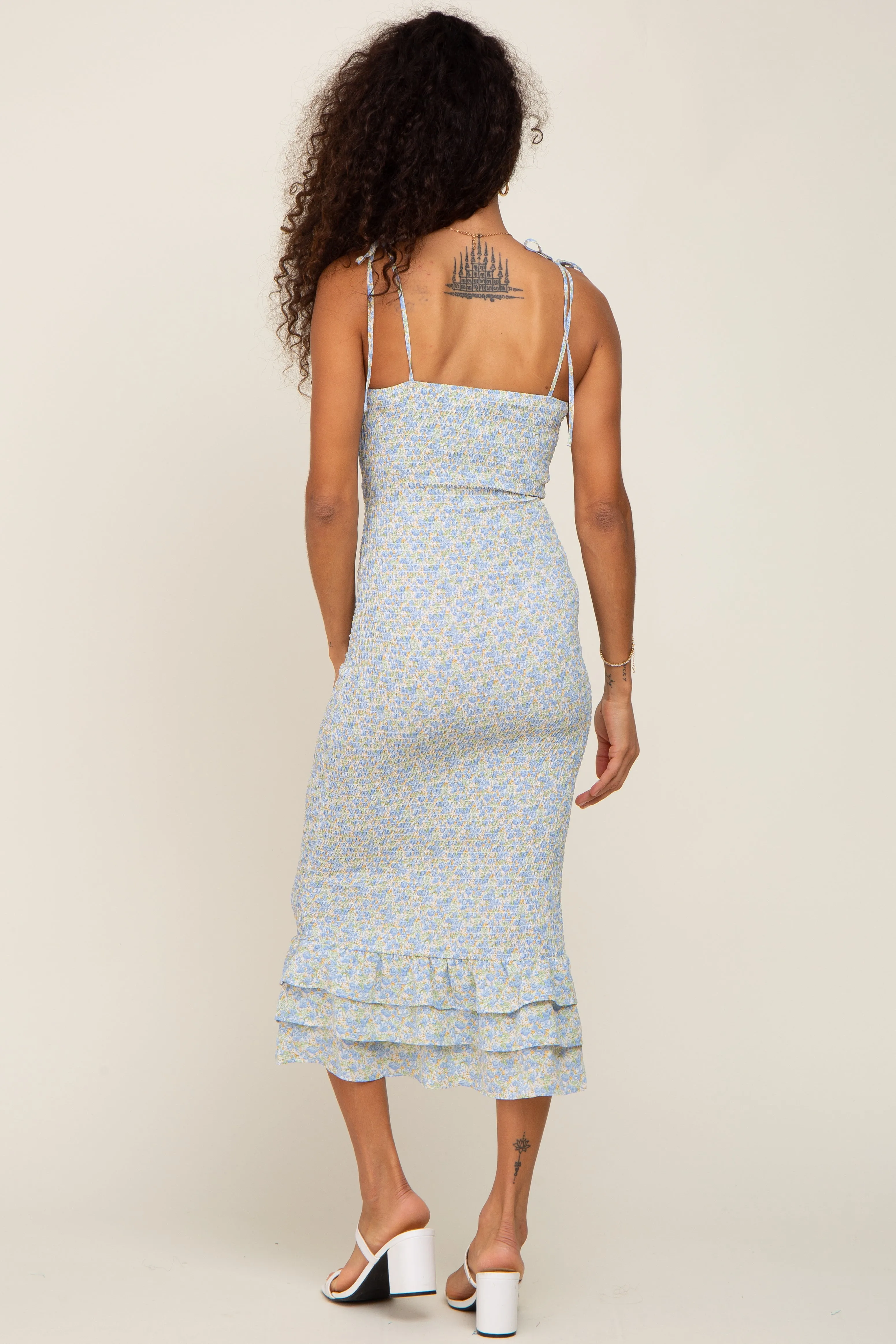 Blue Floral Knot Front Smocked Midi Dress sold by Pinkblush product image thumbnail 3