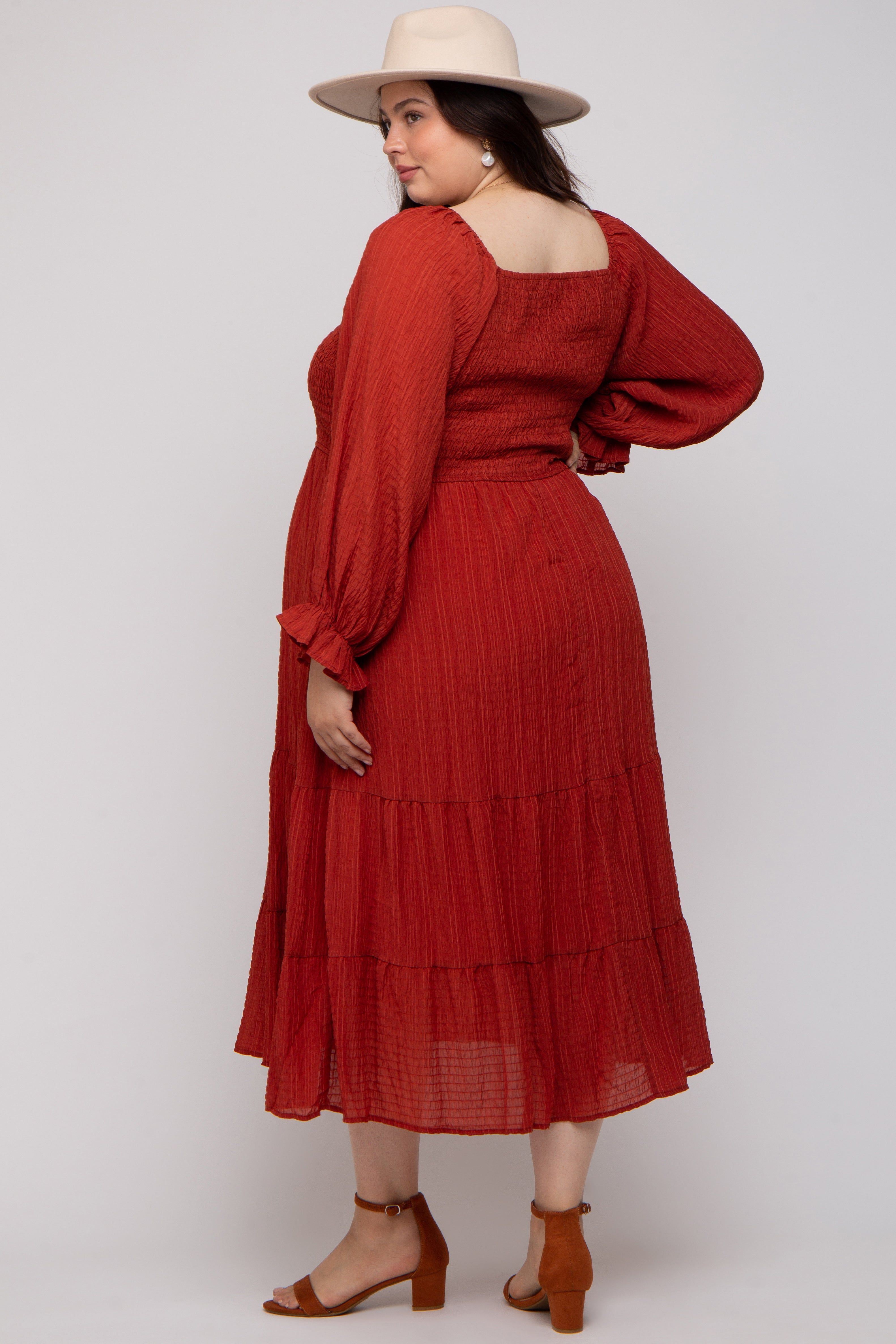 Rust Textured Stripe Smocked Square Neck Maternity Plus Midi Dress sold by Pinkblush product image thumbnail 3