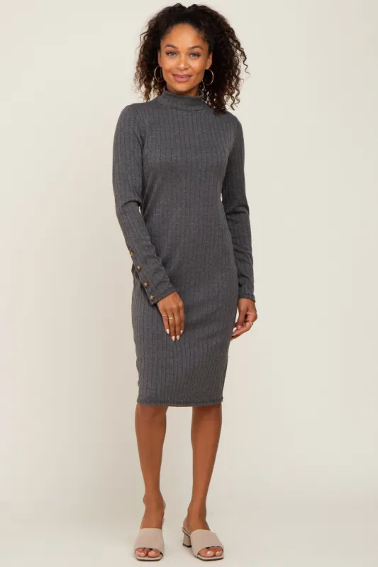 Charcoal Ribbed Mock Neck Long Sleeve Dress sold by Pinkblush