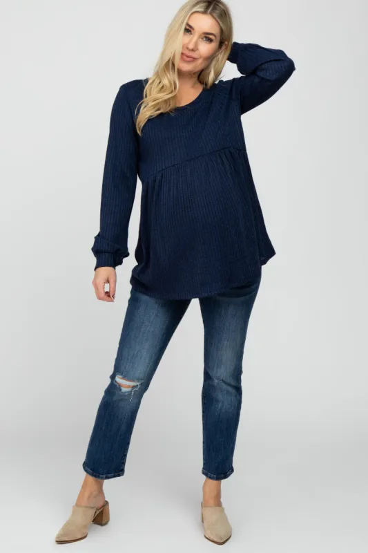 Navy Textured Knit Babydoll Long Sleeve Maternity Top sold by Pinkblush