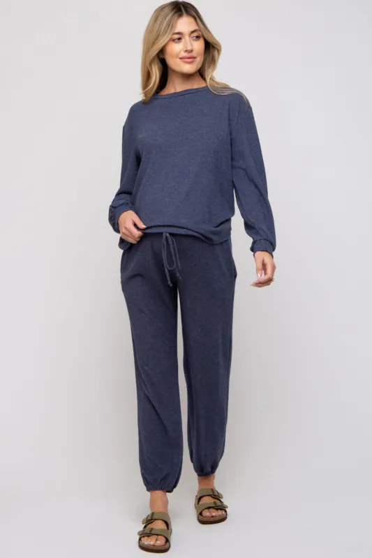 Navy Soft Knit Brushed Long Sleeve Maternity Lounge Set sold by Pinkblush