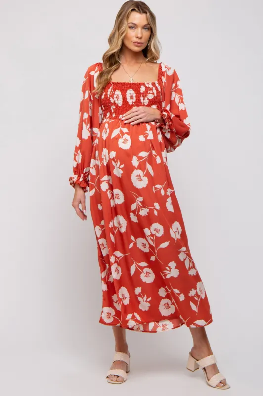 Rust Floral Square Neck Smocked Long Sleeve Maternity Maxi Dress sold by Pinkblush