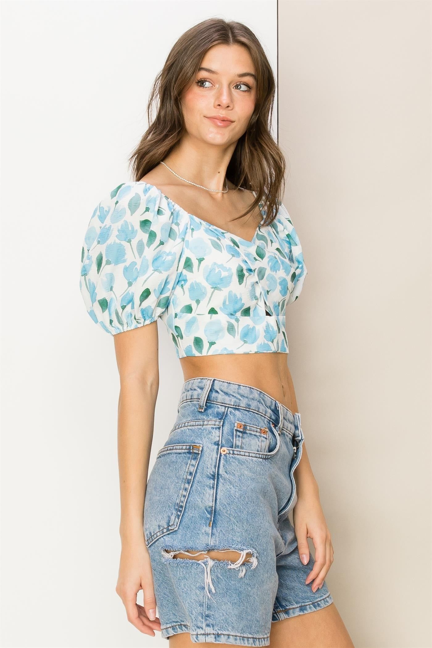 Blue Floral Print Sweetheart Neck Crop Top sold by Pinkblush product image thumbnail 2