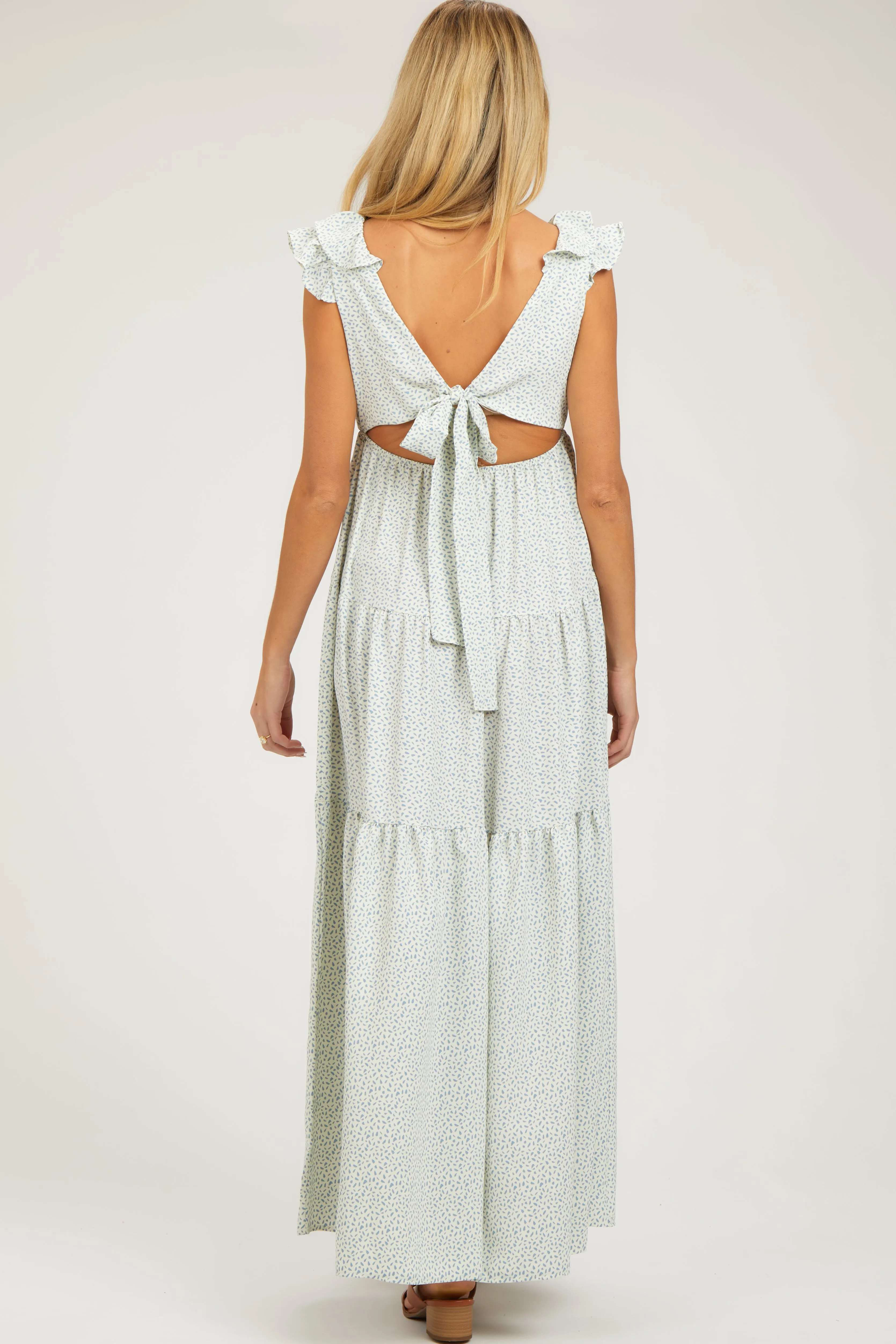 Light Blue Printed Sleeveless Tiered Cutout Back Maternity Maxi Dress sold by Pinkblush product image thumbnail 3