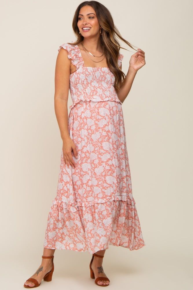Mauve Floral Ruffle Accent Smocked Maternity Midi Dress sold by Pinkblush product image thumbnail 2