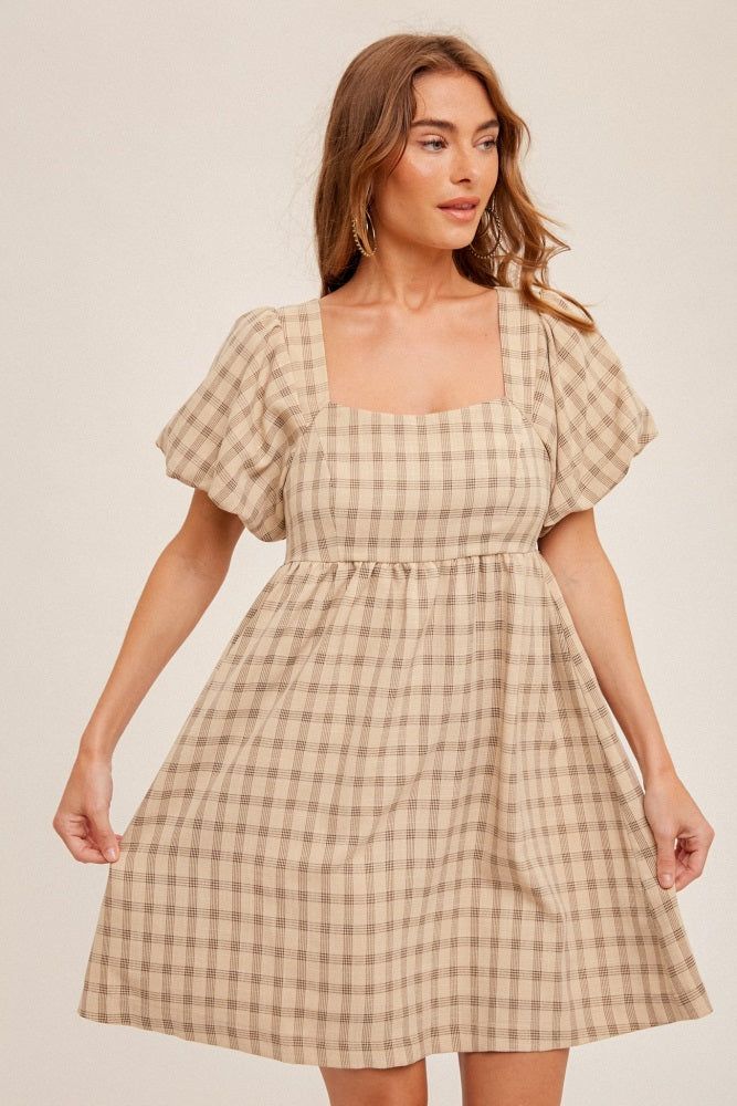 Taupe Plaid Square Neck Short Puff Sleeve Dress sold by Pinkblush