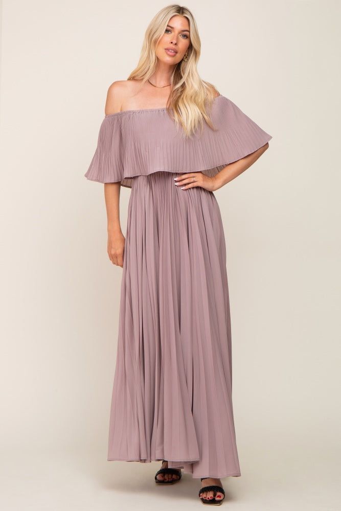 Taupe Pleated Layered Off Shoulder Maxi Dress sold by Pinkblush product image thumbnail 4