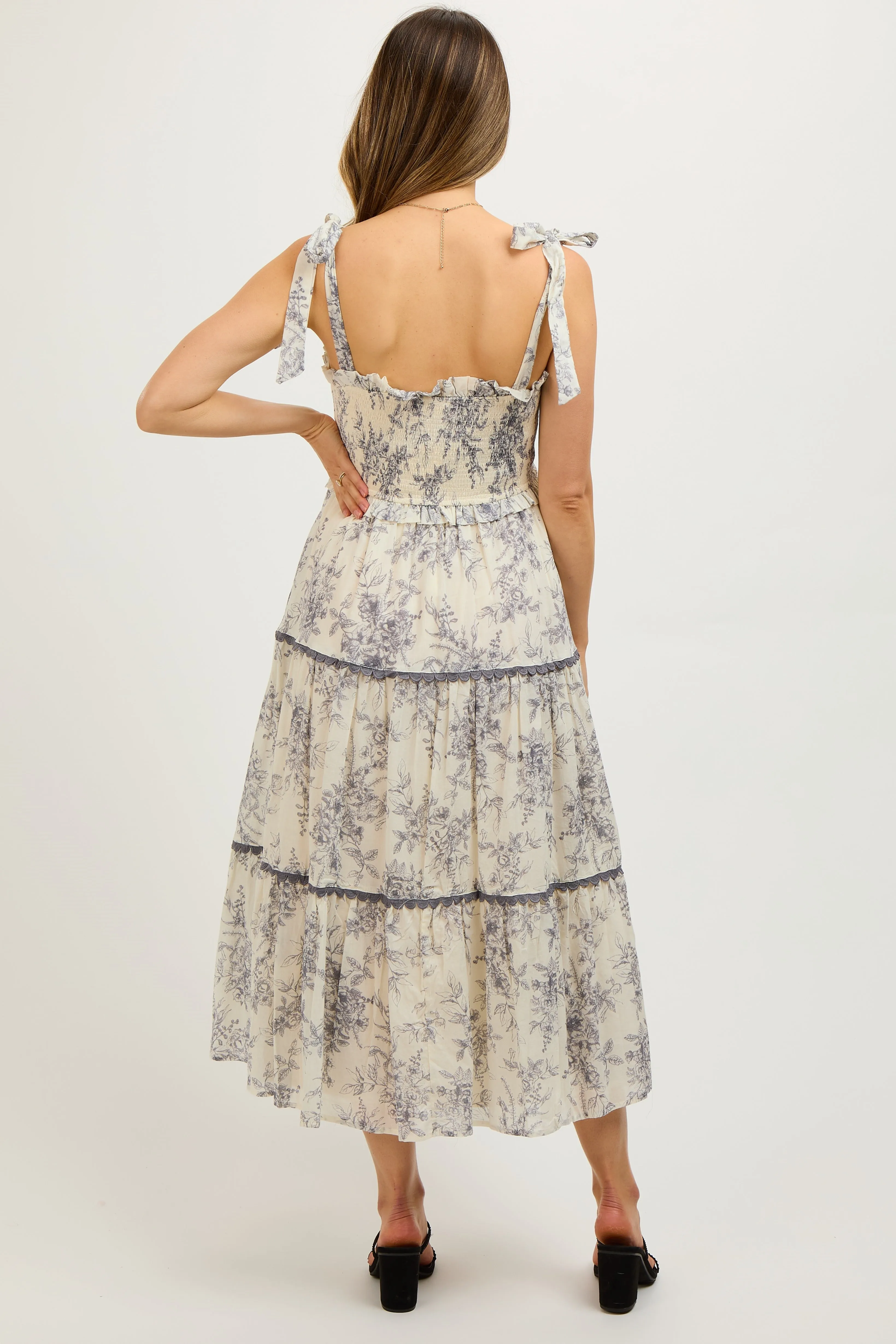 Charcoal Floral Sleeveless Ruffle Tiered Maternity Midi Dress sold by Pinkblush product image thumbnail 4