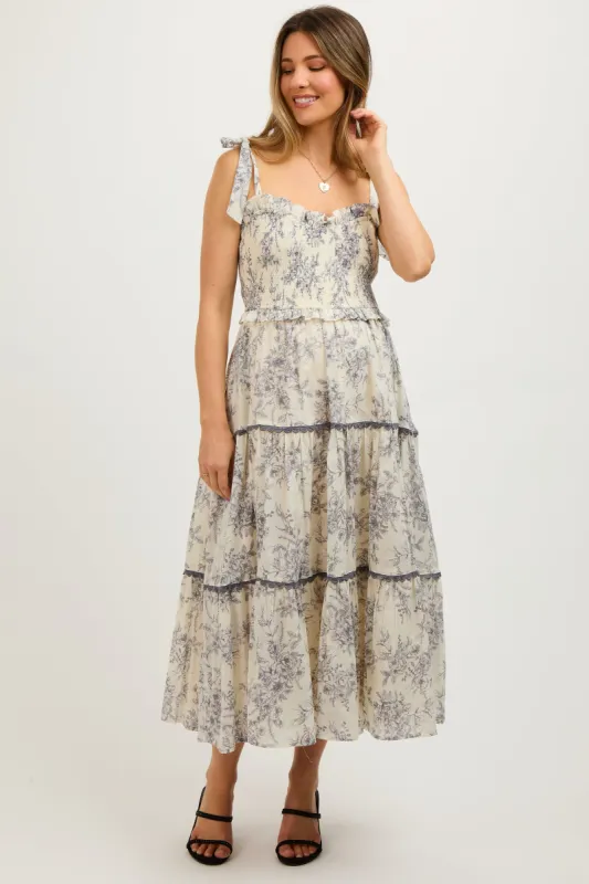 Charcoal Floral Sleeveless Ruffle Tiered Maternity Midi Dress sold by Pinkblush