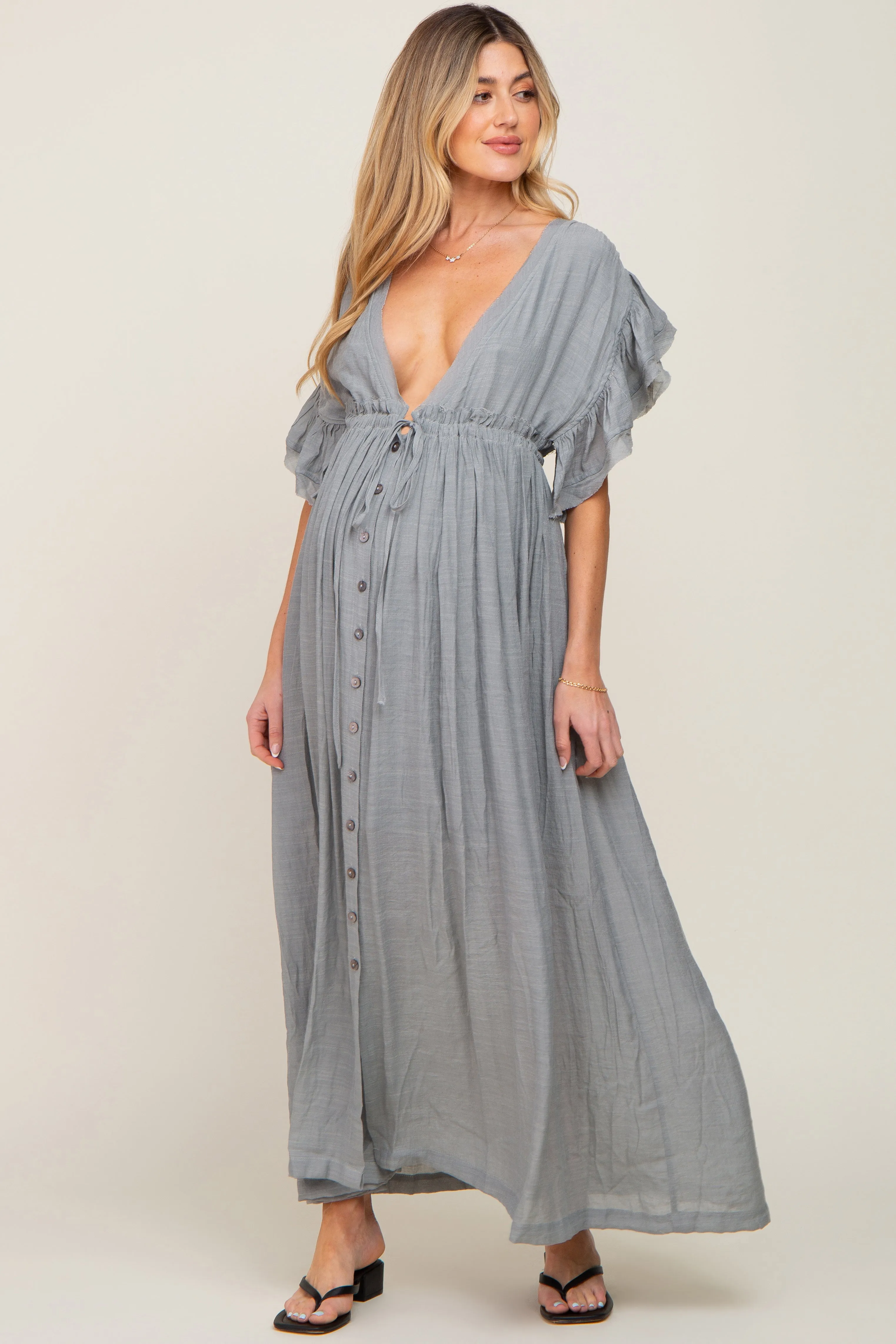 Grey Deep V-Neck Button Down Maternity Maxi Dress sold by Pinkblush