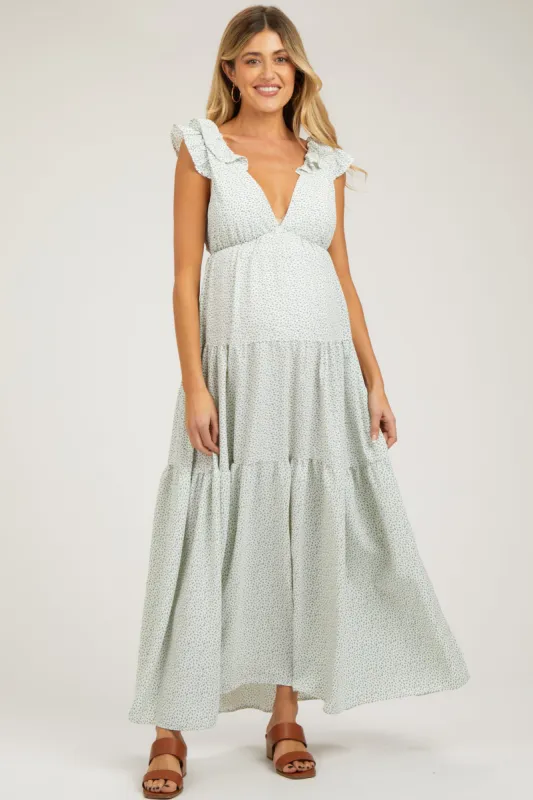 Light Blue Printed Sleeveless Tiered Cutout Back Maternity Maxi Dress sold by Pinkblush