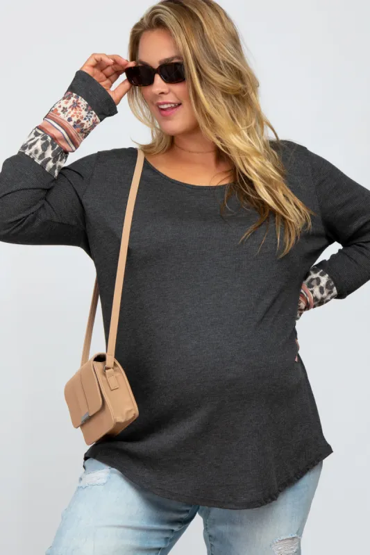 Charcoal Colorblock Sleeve Maternity Plus Top sold by Pinkblush