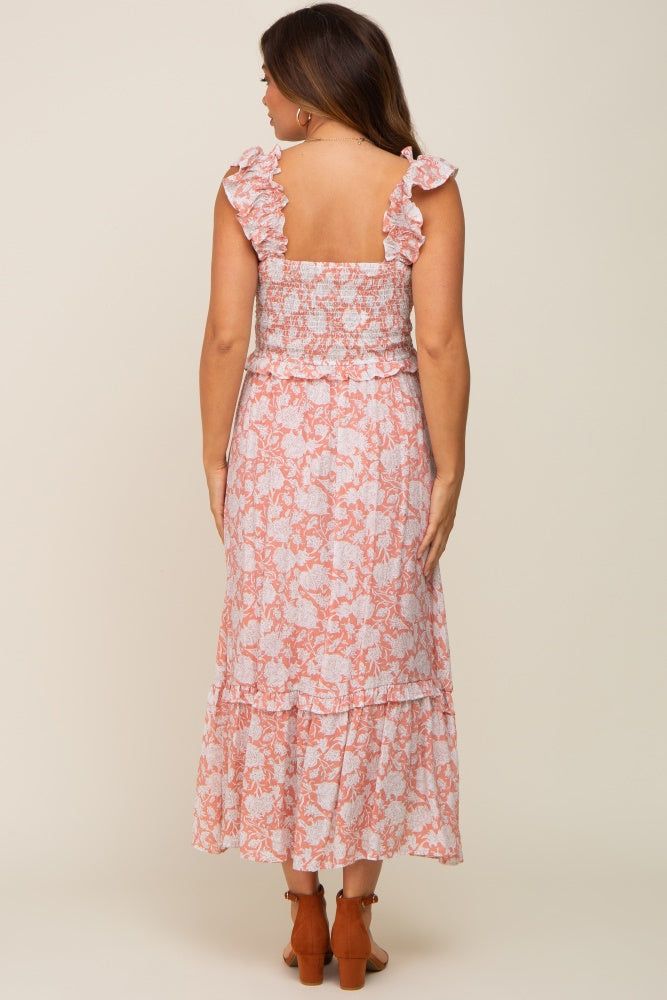 Mauve Floral Ruffle Accent Smocked Maternity Midi Dress sold by Pinkblush product image thumbnail 3