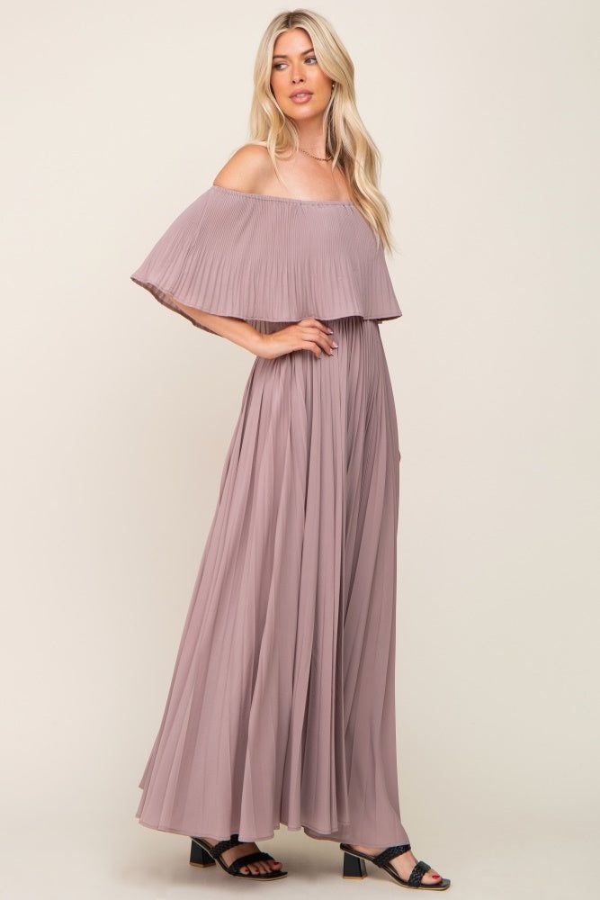 Taupe Pleated Layered Off Shoulder Maxi Dress sold by Pinkblush product image thumbnail 2