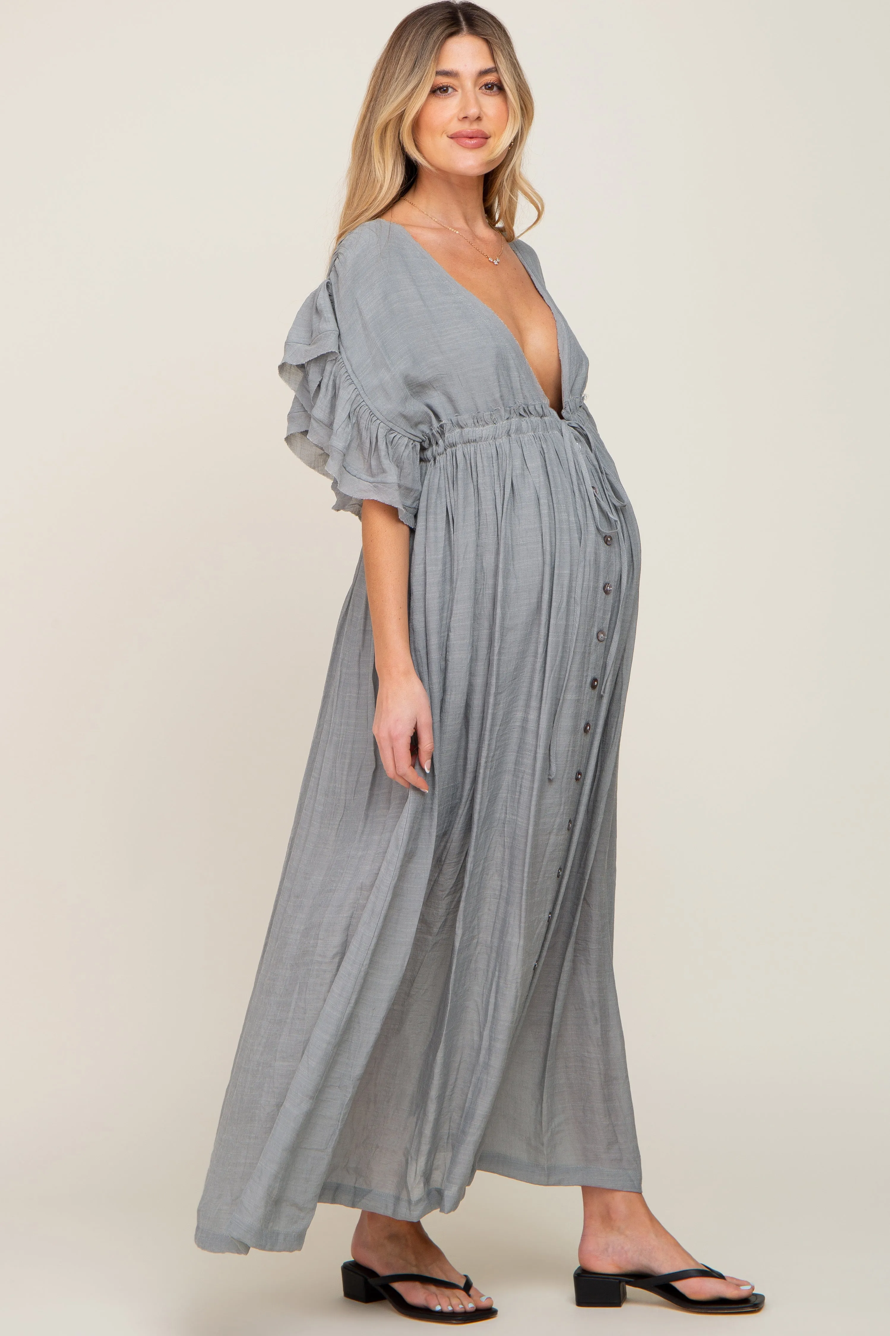 Grey Deep V-Neck Button Down Maternity Maxi Dress sold by Pinkblush product image thumbnail 2
