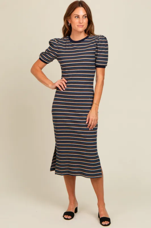 Navy Multi Striped Puff Sleeve Midi Dress sold by Pinkblush