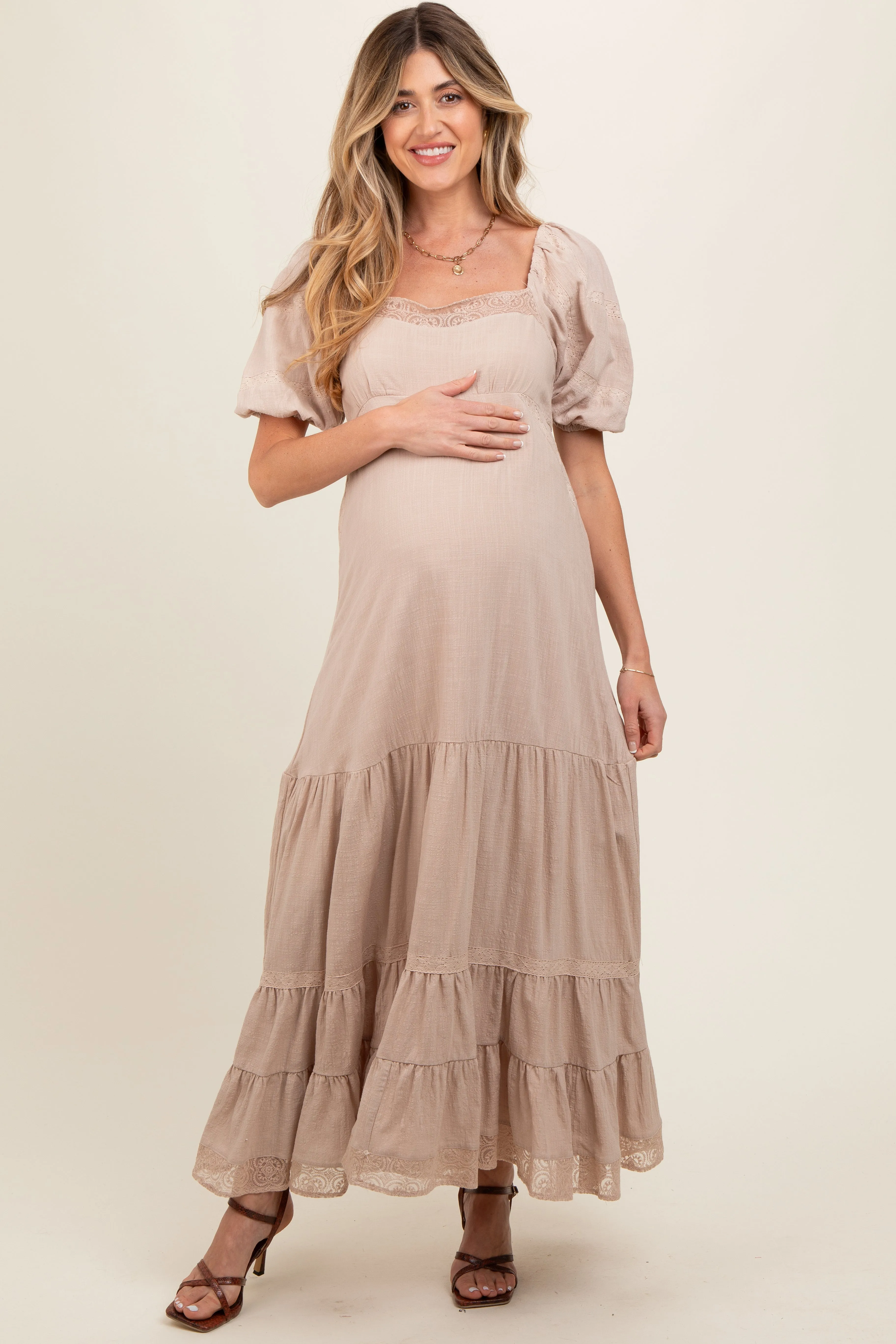 Beige Lace Insert Maternity Maxi Dress sold by Pinkblush